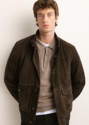 Brown men's suede jacket KURMS-0425-1L(Z6) - front product view, modeled, against a white background. Half-length silhouette visible.