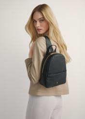 Black medium leather women's backpack TORES-1268-9I(W26), product view from the front on the model, half of the silhouette visible.