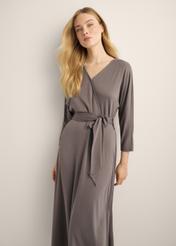Women's graphite wrap dress SUKDT-0286-9D(Z26), front view of the product on the model. Half of the silhouette visible.