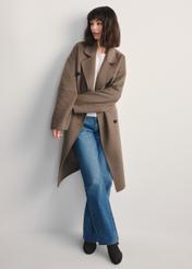 Women's dark beige coat with scarf PLADT-0063-82(Z25) - front view of the product on a model against a white background. Full body visible.