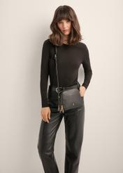 Women's leather two-compartment handbag in black TORES-1428-9I(Z26), front view of the product on a model. Half of the silhouette visible.