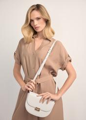 Cream semi-circular women's messenger bag TOREC-1127-0B(W26), product view on model's shoulder. Half of silhouette visible.