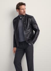 Men's leather jacket with stand-up collar KURMS-0191-5491(KS), front product view on model. Half silhouette visible.