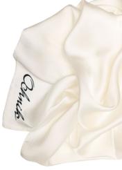 White women's scarf with logo SZADT-0189-0B(W26), close-up of the product logo on a white background.