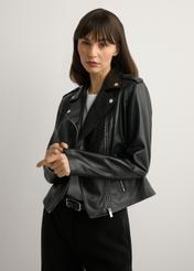 Women's black leather jacket KURDS-0601-99(W26), front view of the product on the model. Half of the silhouette visible.