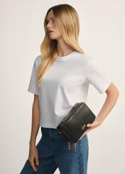 Black small women's croco handbag TOREC-1049-99(Z25), front view of the product on the model, half of the silhouette visible.