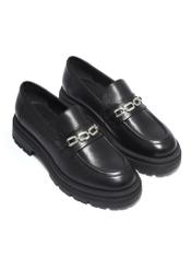 Women's black leather moccasins BUTYD-1190-99(Z26), diagonal product view on a white background.