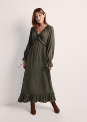 Maxi dress in khaki color SUKDT-0248-55(Z25). product visible from the front, the whole silhouette visible.