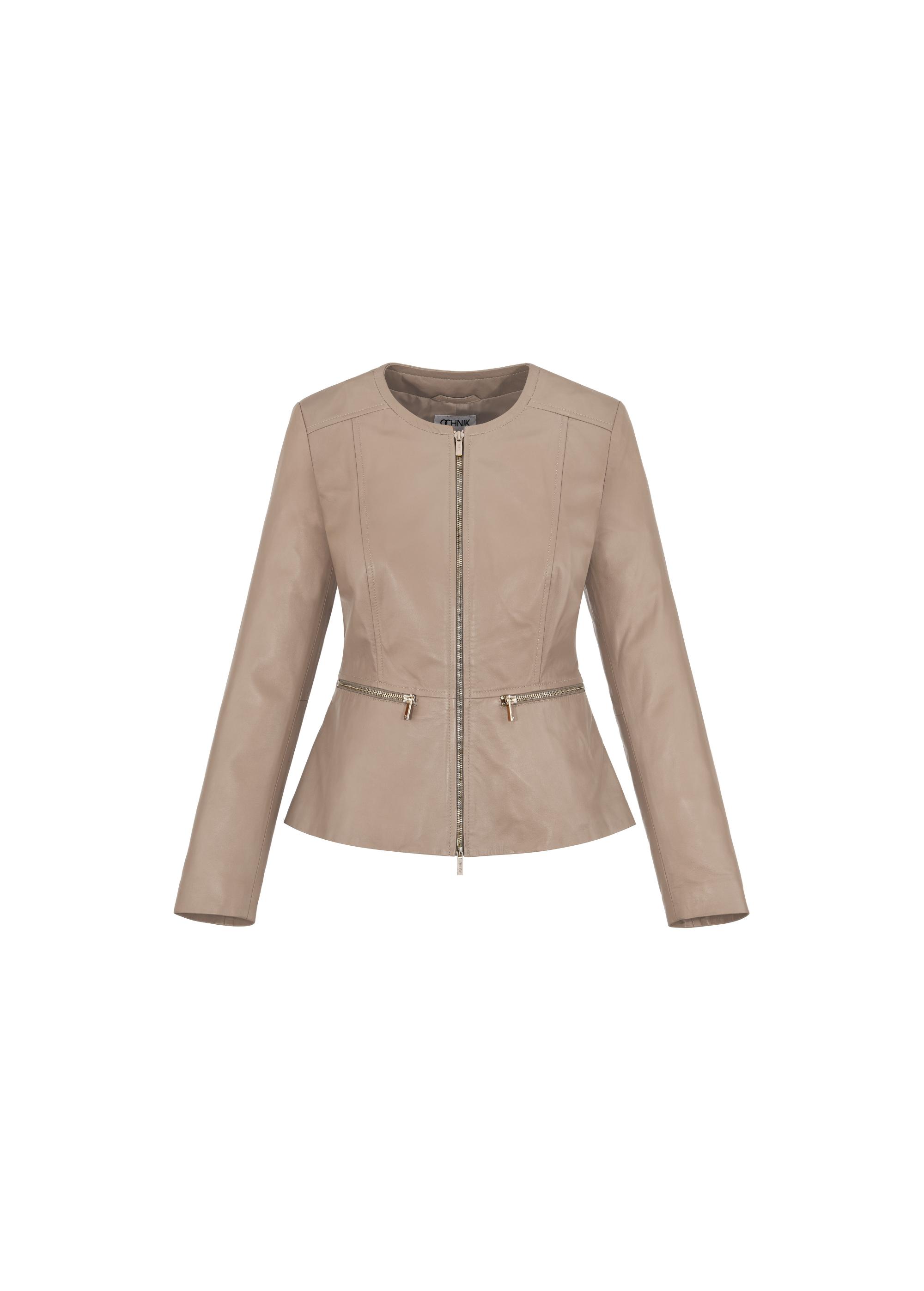 Beige waisted leather jacket for women KURDS-0484-1368(W24)-03