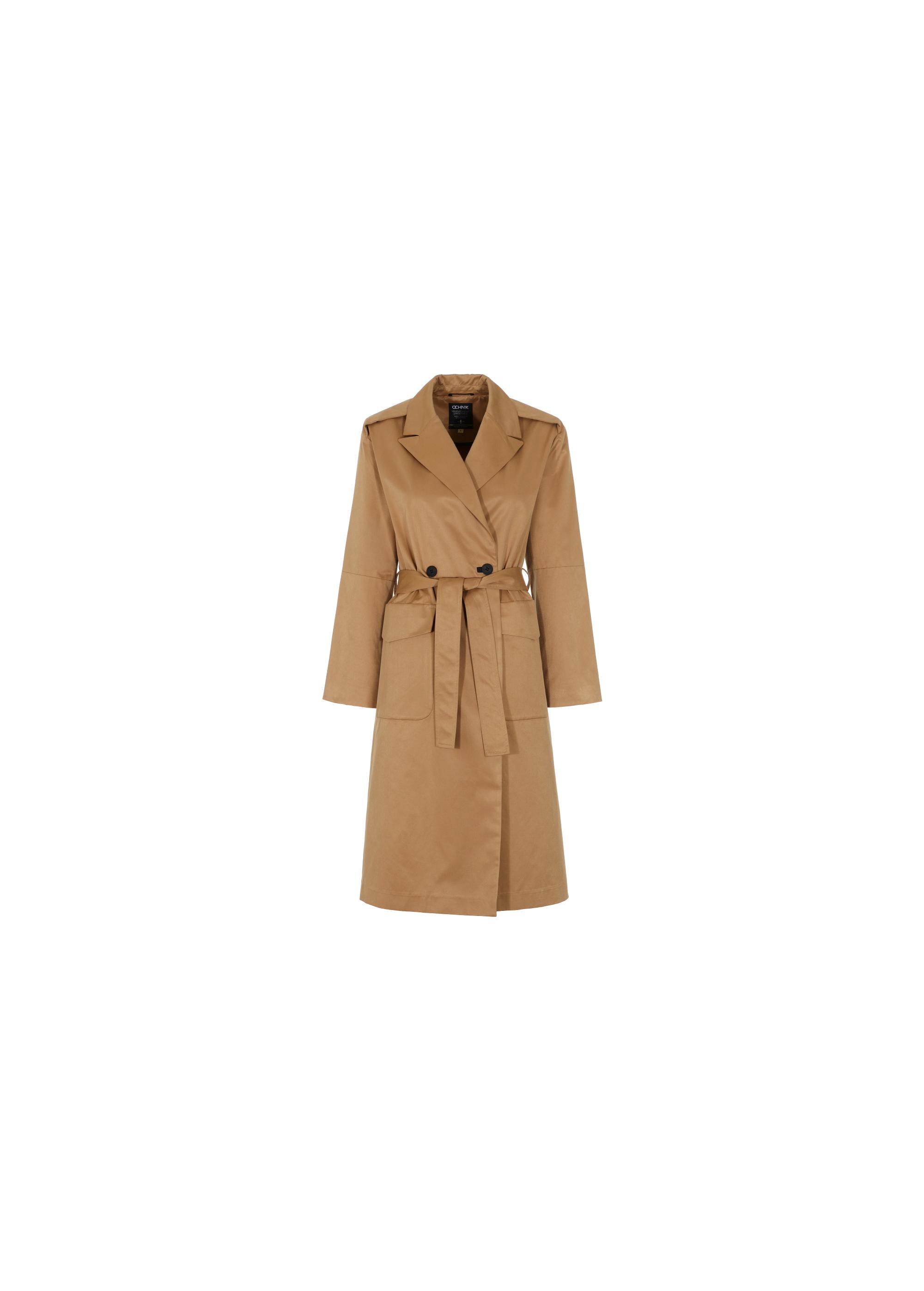 Women's honey colored coat with belt KURDT-0357-81(W22)-05