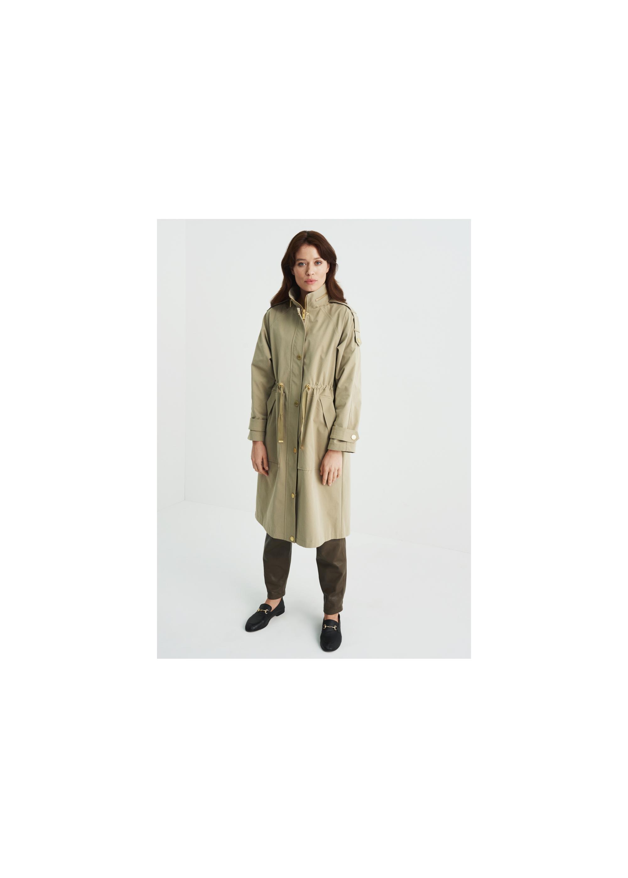 Women's olive colored coat with a button closure KURDT-0353-57(W22)-02