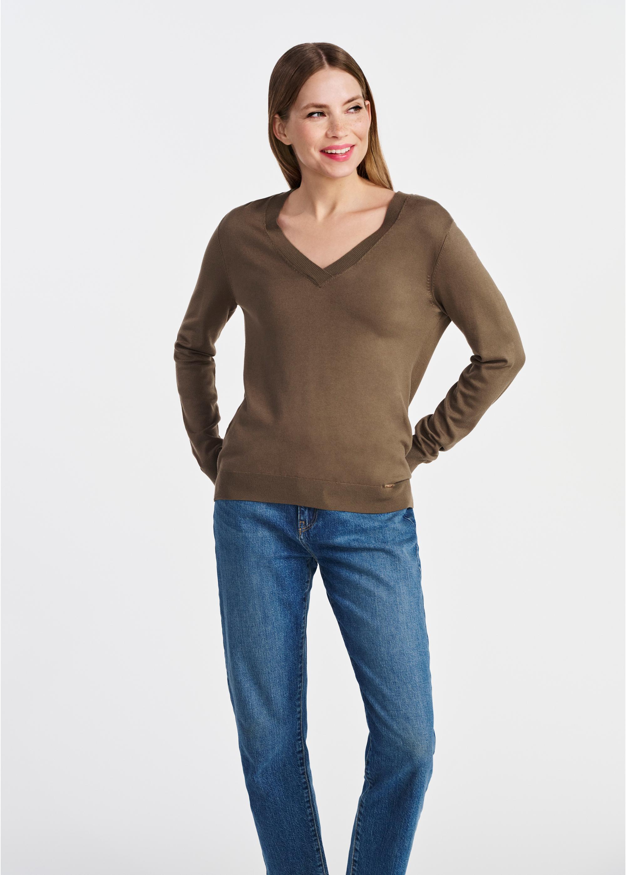 Women's V-neck sweater in khaki color SWEDT-0201-54(W25)-02