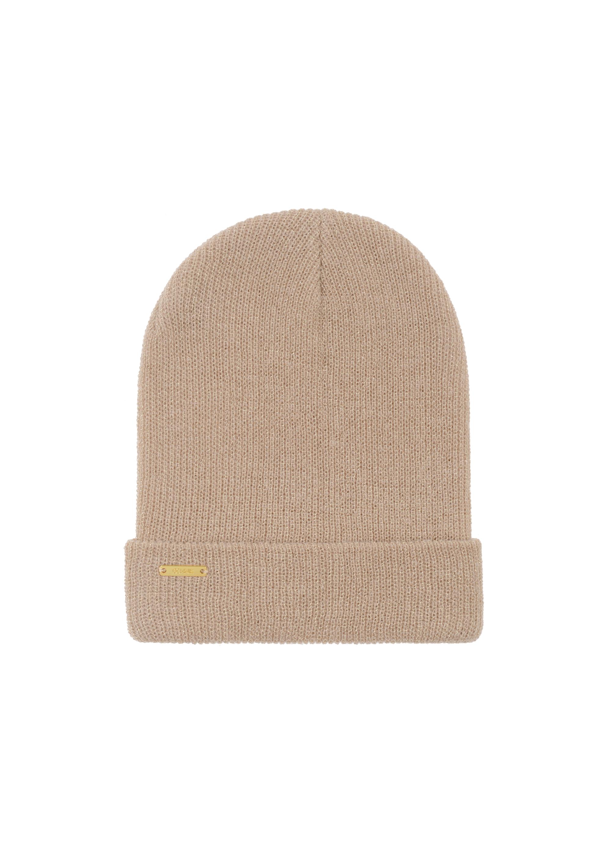 Beige women's cap with gold thread CZADT-0031-66(Z24)-02