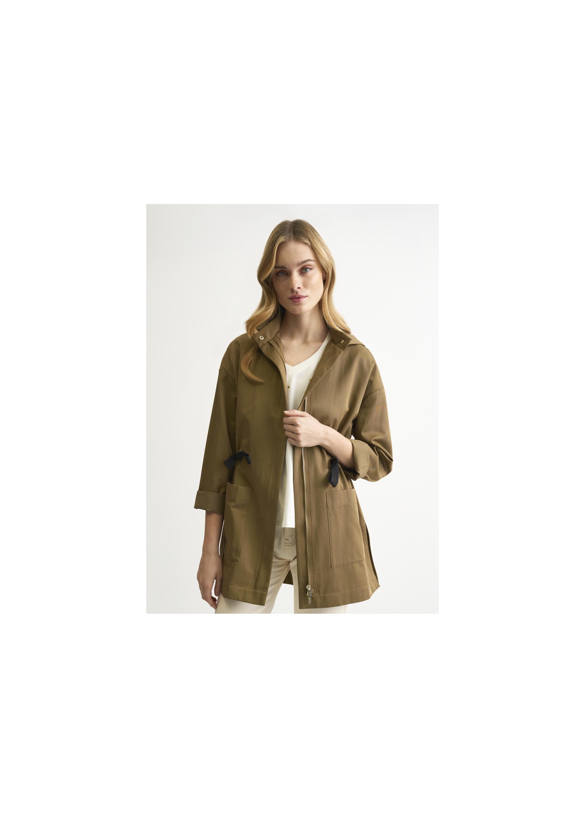 Olive colored women's jacket with a ribbed hem KURDT-0358-81(W22)-01