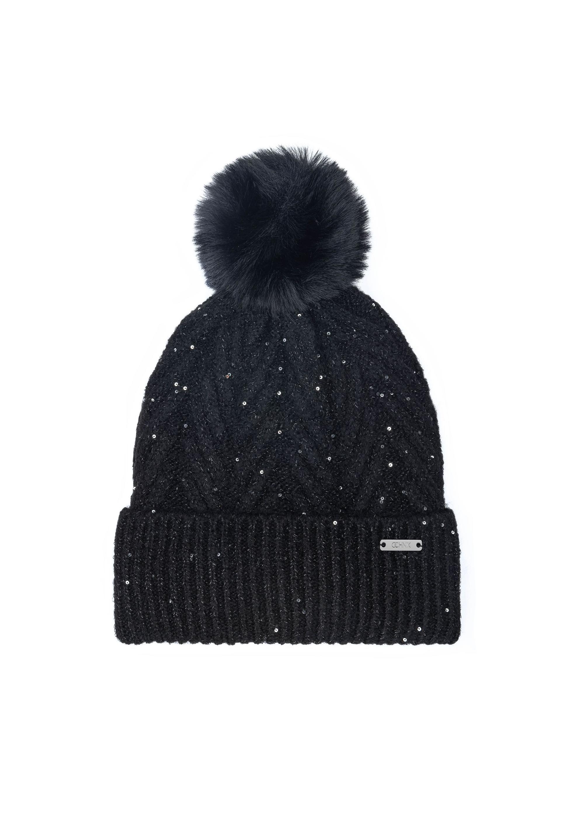 Black women's hat with a pompom CZADT-0175-99(Z23)-02