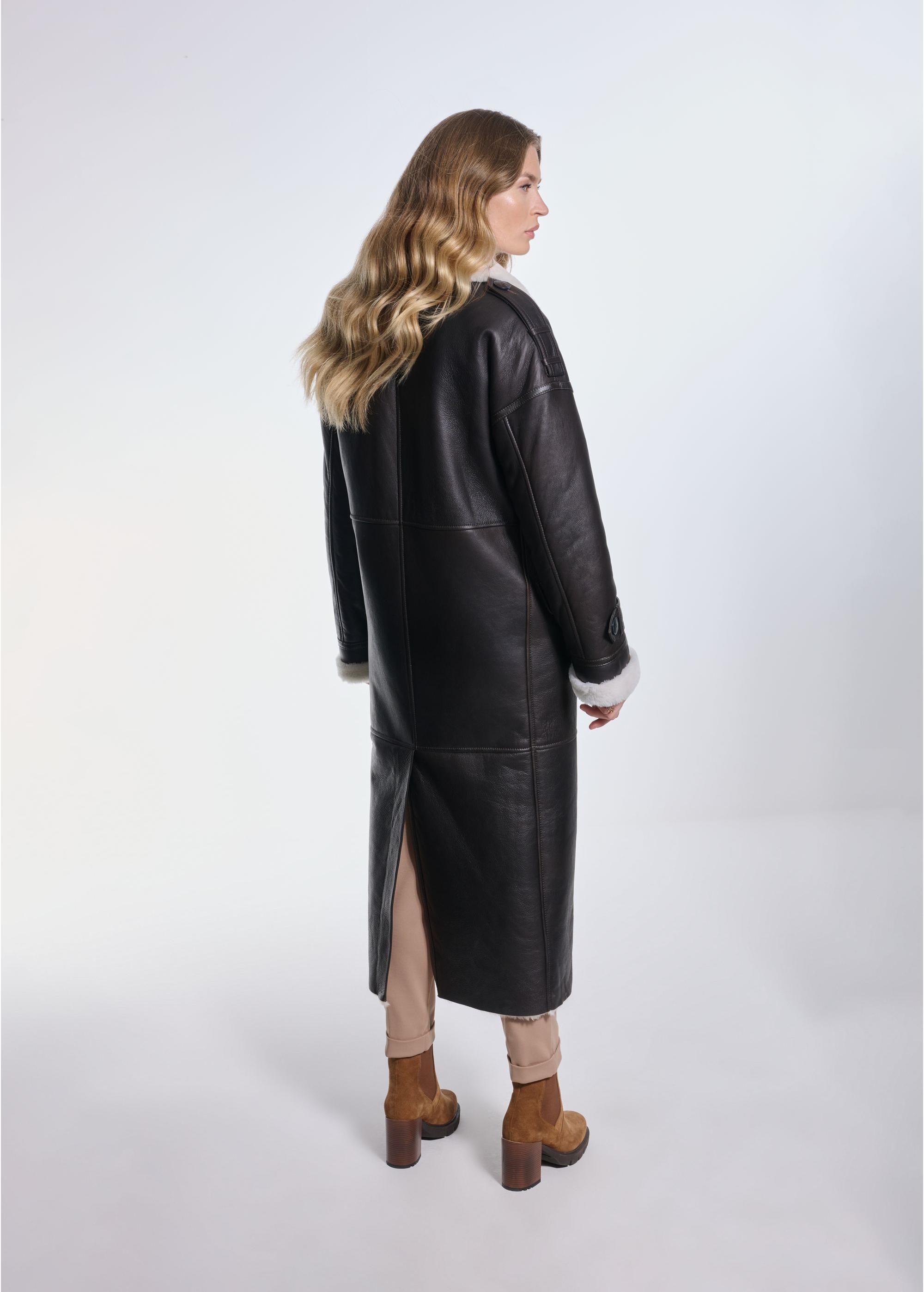 Brown leather long women's sheepskin coat KOZDS-0080-3177(Z24)-04