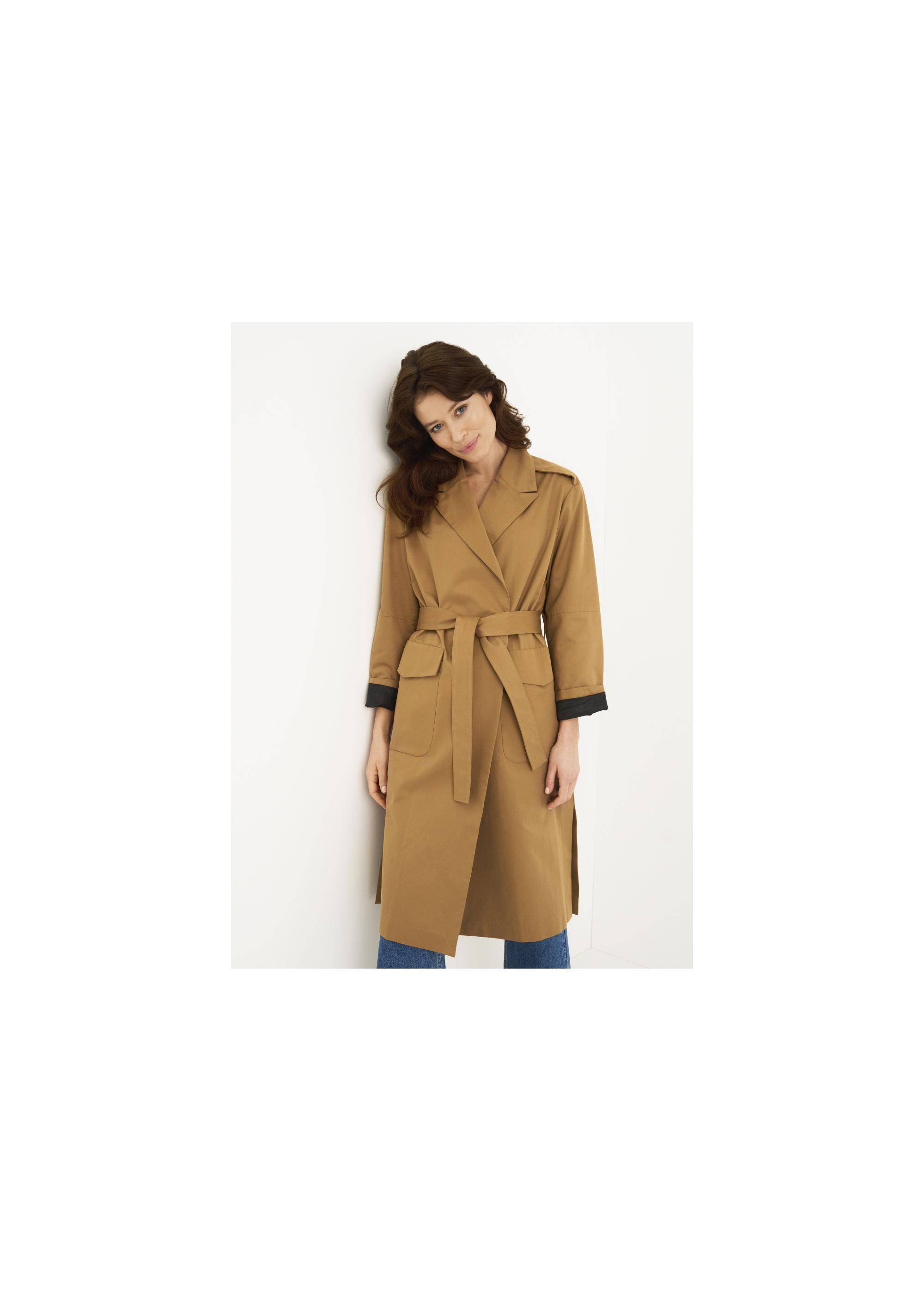 Women's honey colored coat with belt KURDT-0357-81(W22)-01