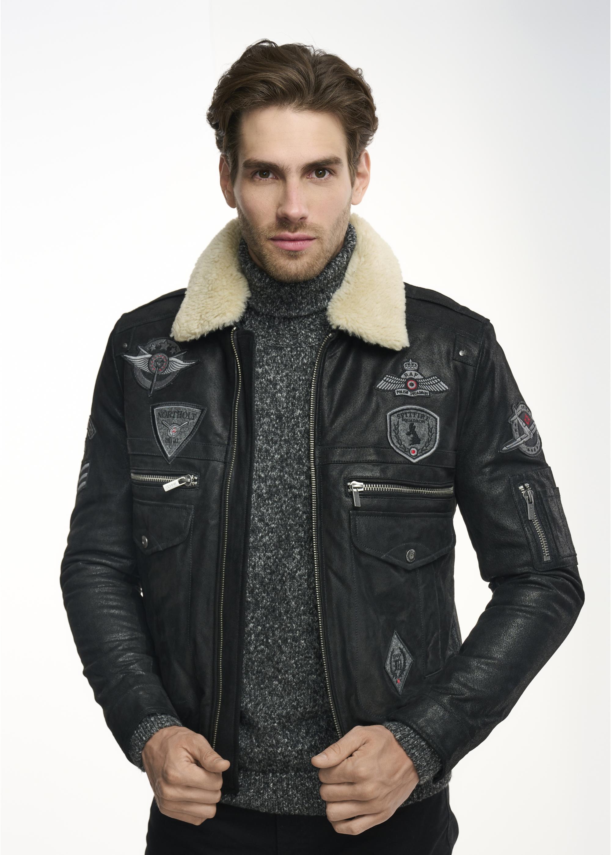 Men's black leather pilot jacket KURMS-0214A-5365(Z24)-01