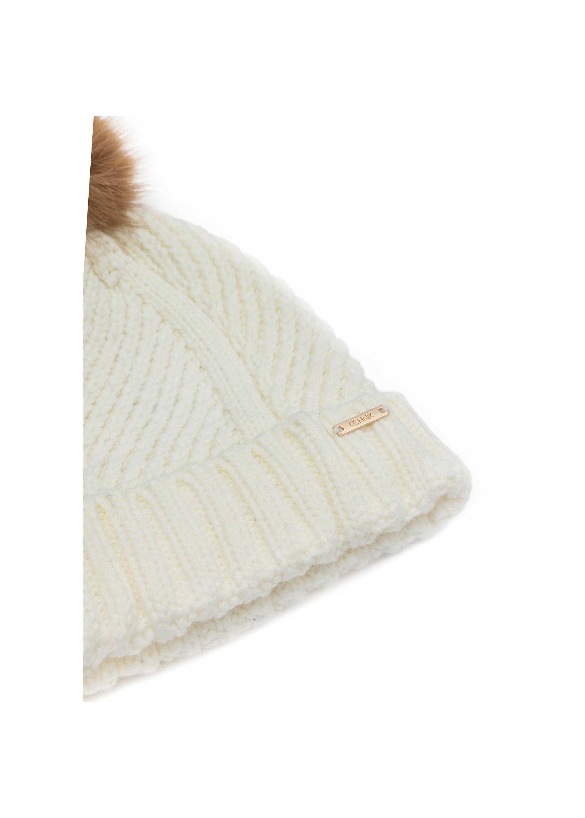 Cream women's hat with a pompom CZADT-0176-16(Z24)-04