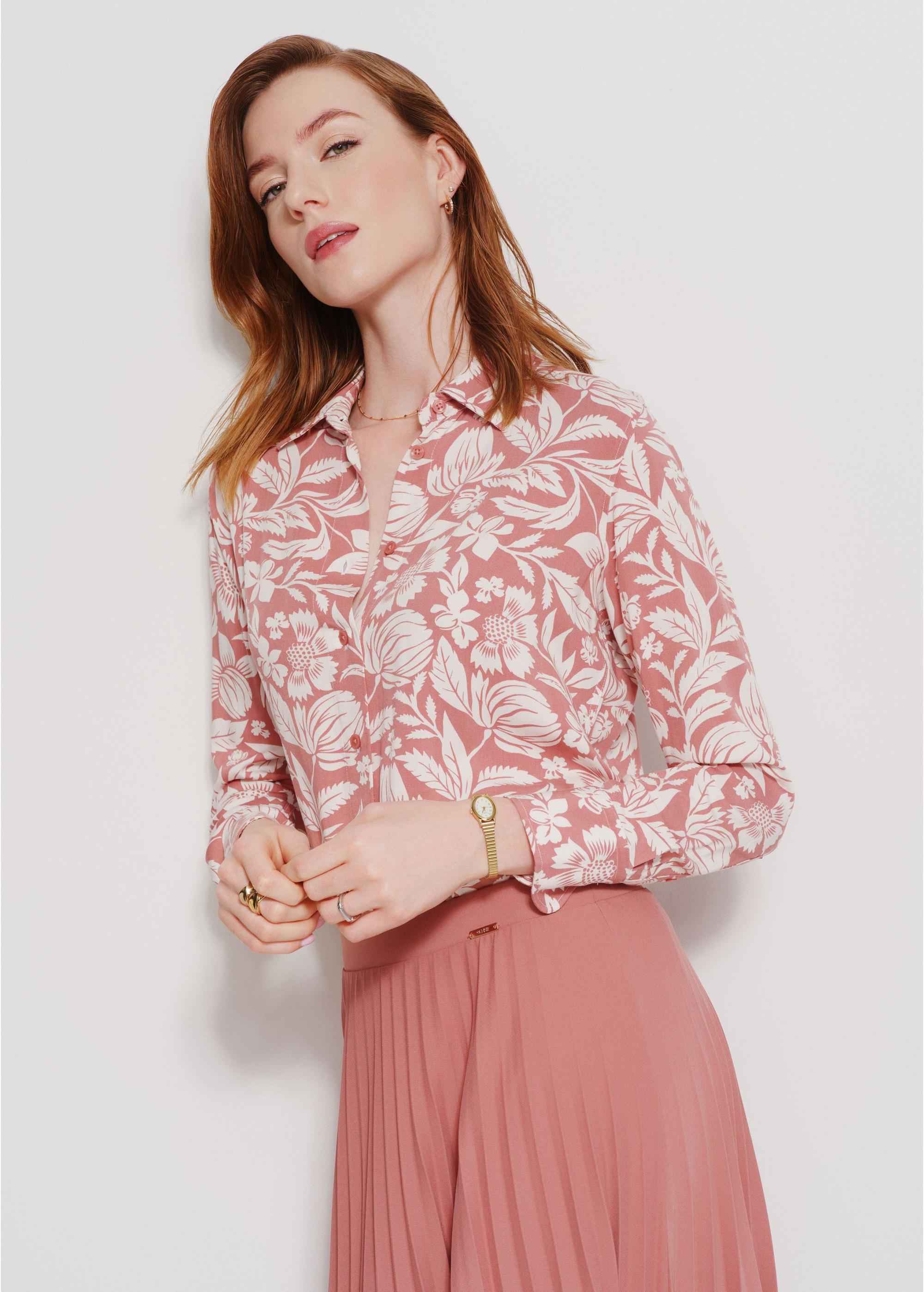 Pink women's shirt with a floral motif KOSDT-0158-34(Z24)-01