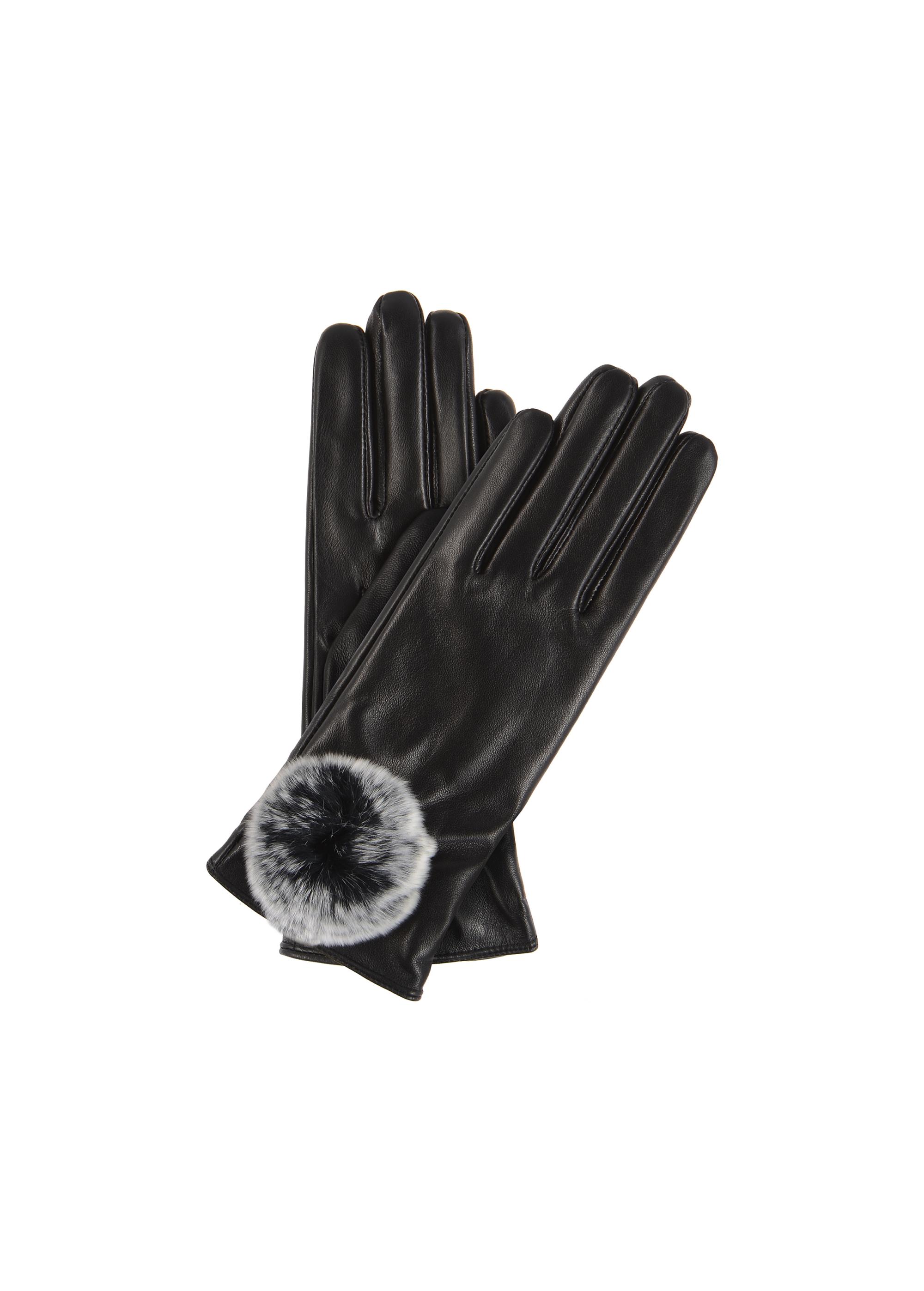 Women's leather gloves with pom-pom REKDS-0033-99(Z23)-01