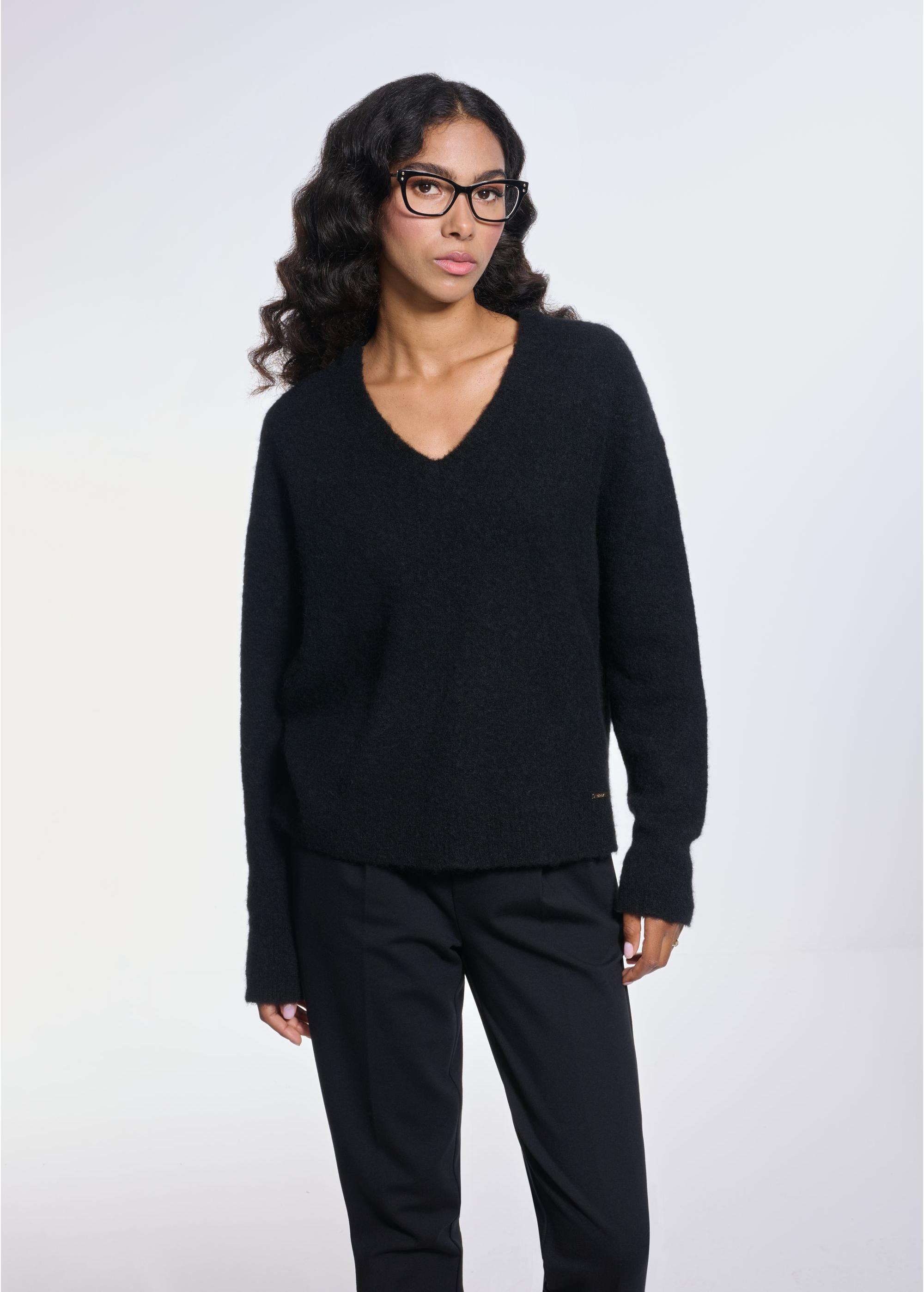 Black woolen women's sweater SWEDT-0215-99(Z24)-01