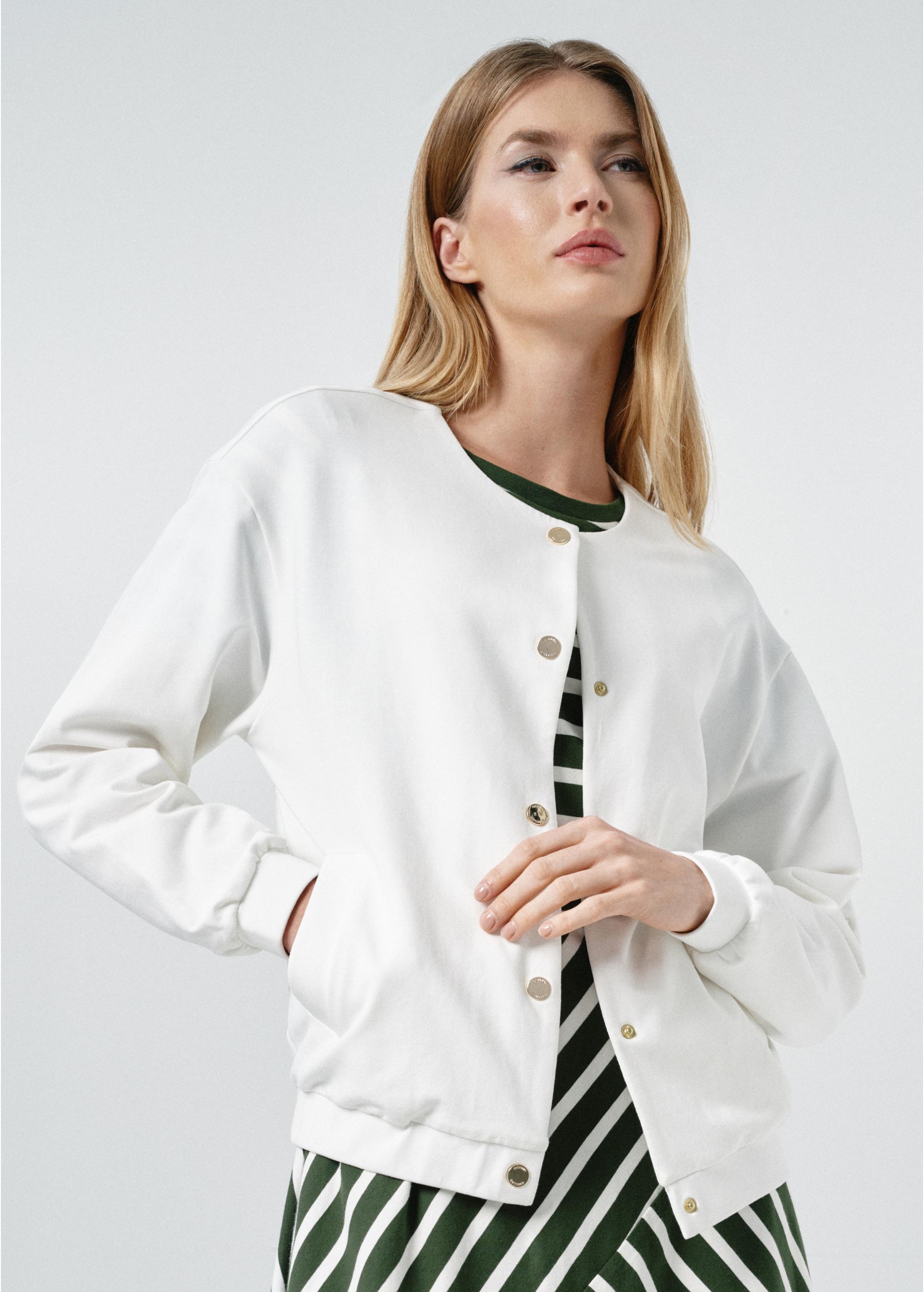 Cream button-up women's hoodless sweatshirt BLZDT-0096-12(W24)-01