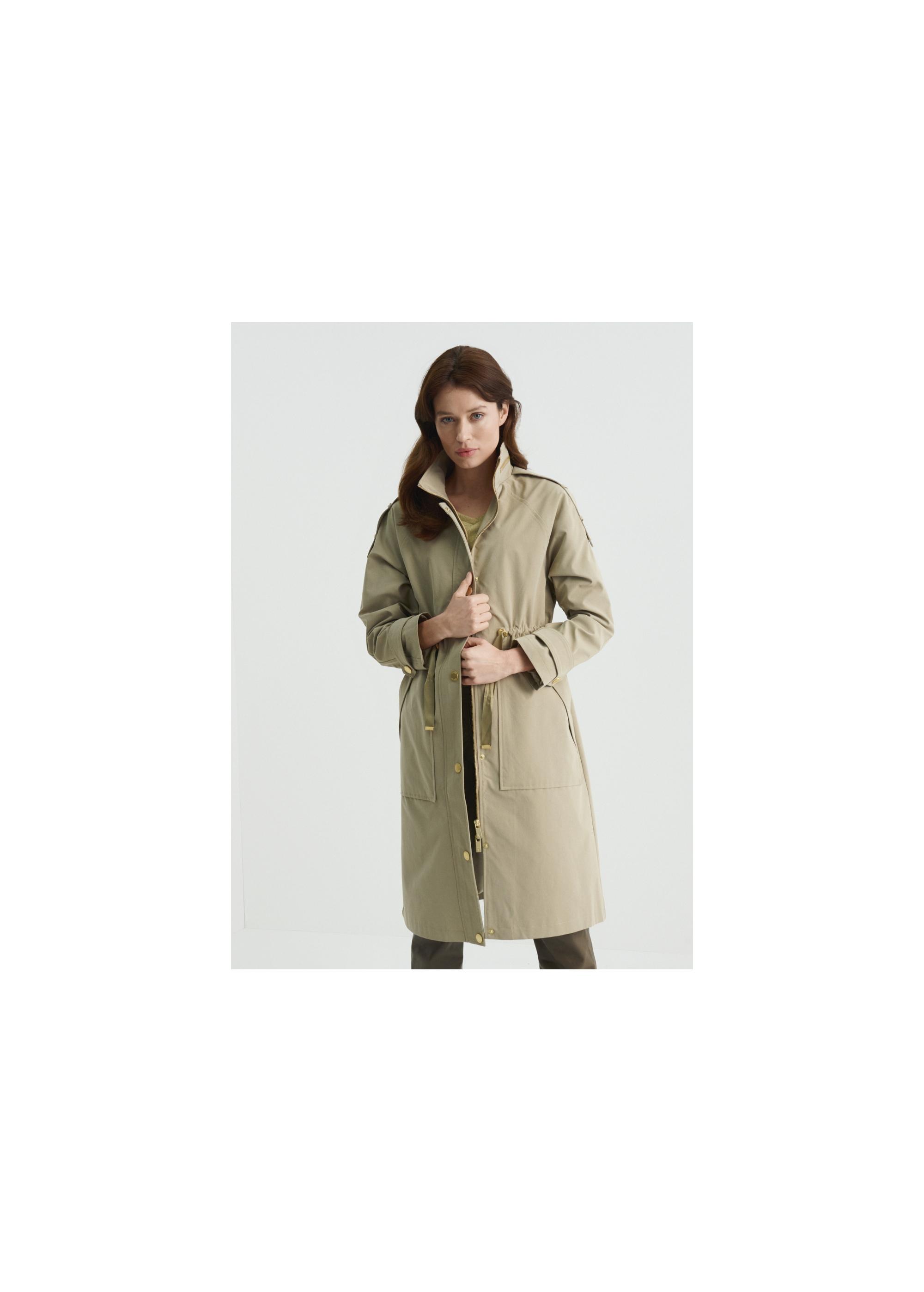 Women's olive colored coat with a button closure KURDT-0353-57(W22)-03