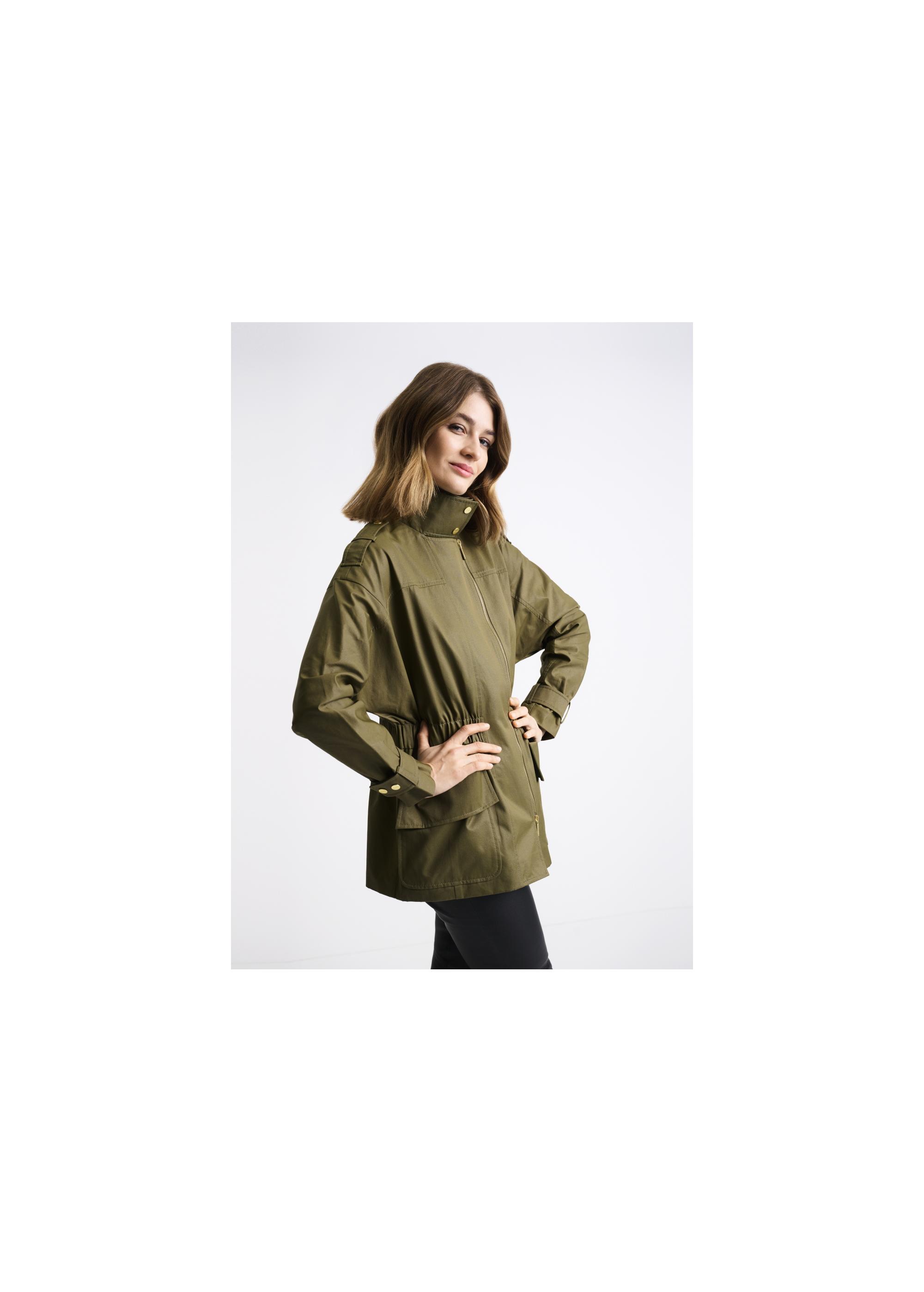 Olive colored women's jacket with a ribbed hem KURDT-0354-57(W22)-02