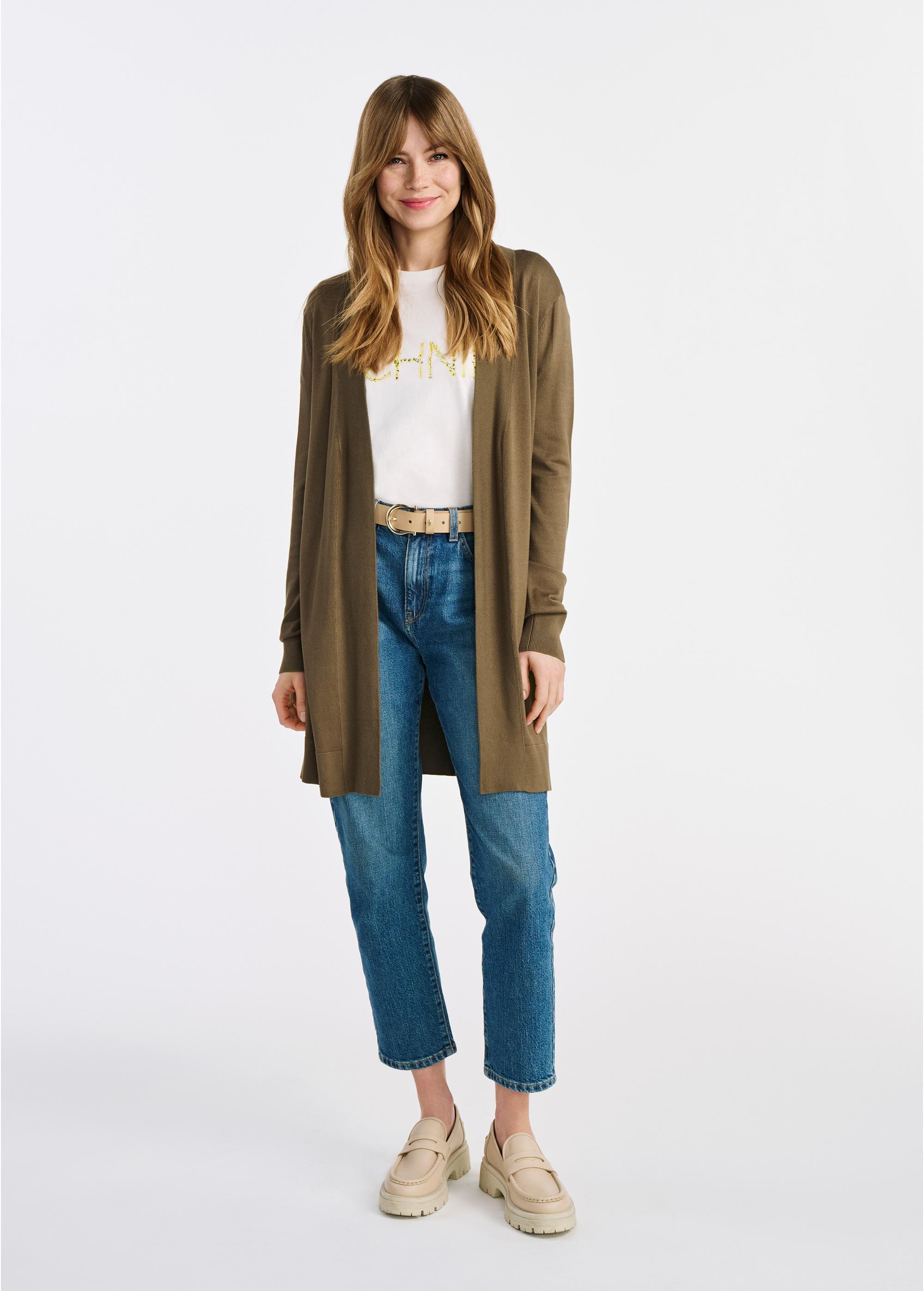 Long women's khaki cardigan KARDT-0050-55(W25)-02