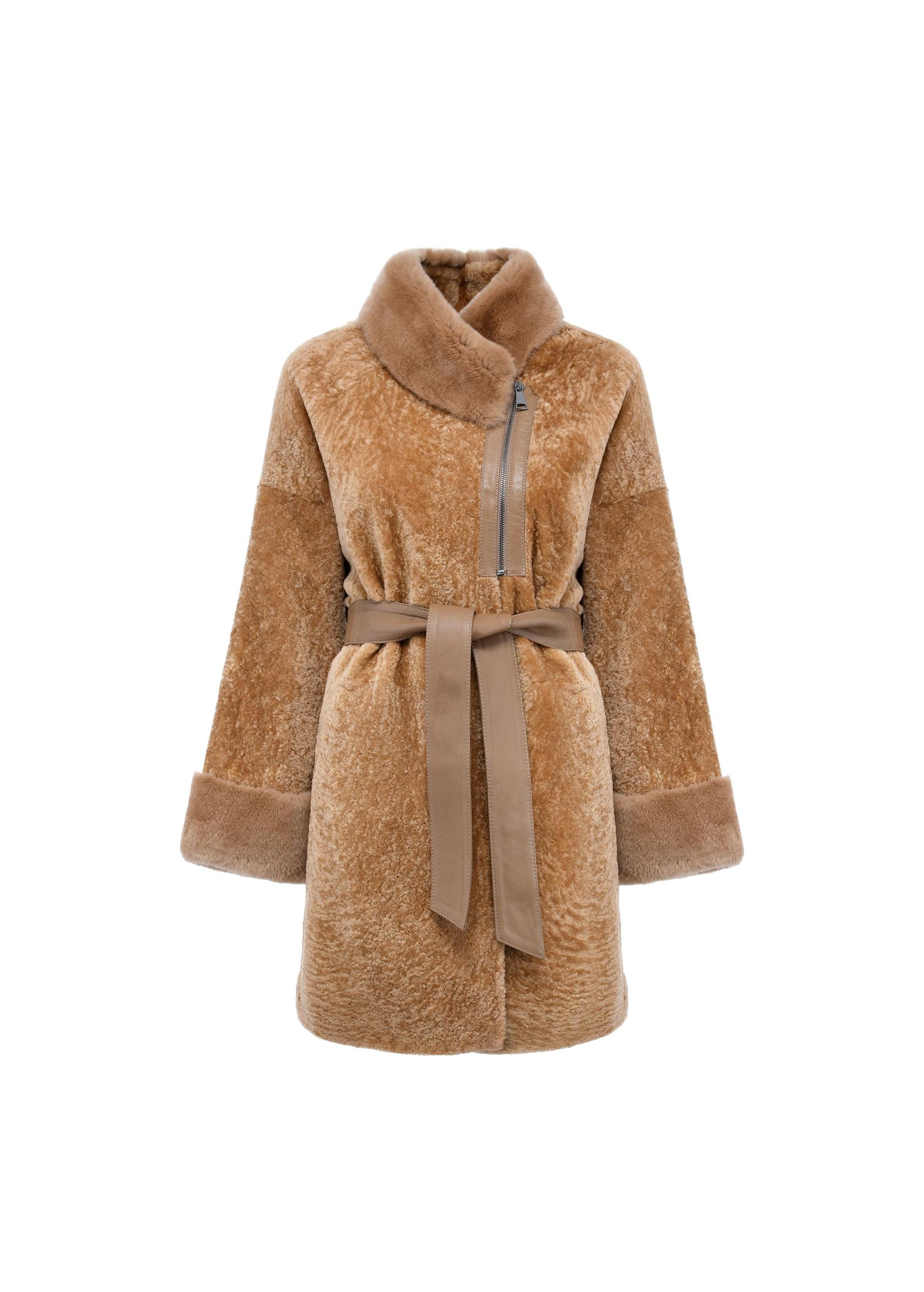 Beige women's leather sheepskin coat KOZDS-0079-3176(Z24)-02