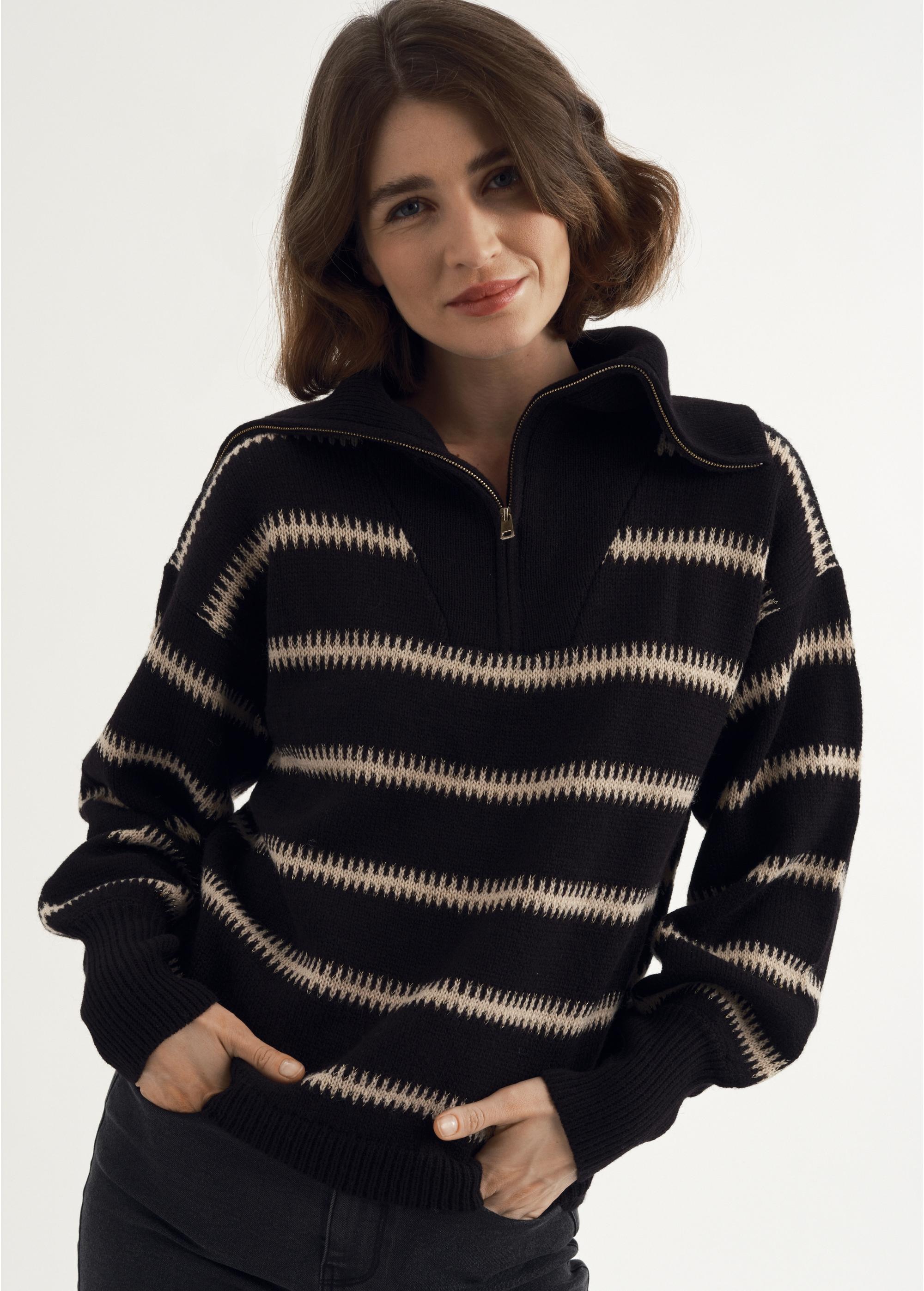 Black striped sweater with zipper for women SWEDT-0187-99(Z23)-02