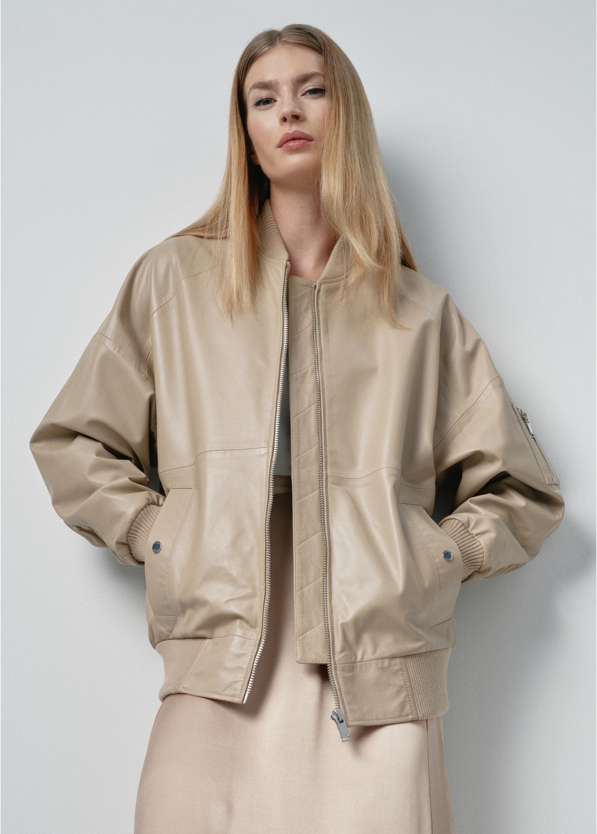 Beige leather women's bomber jacket KURDS-0477-1187(W24)-04