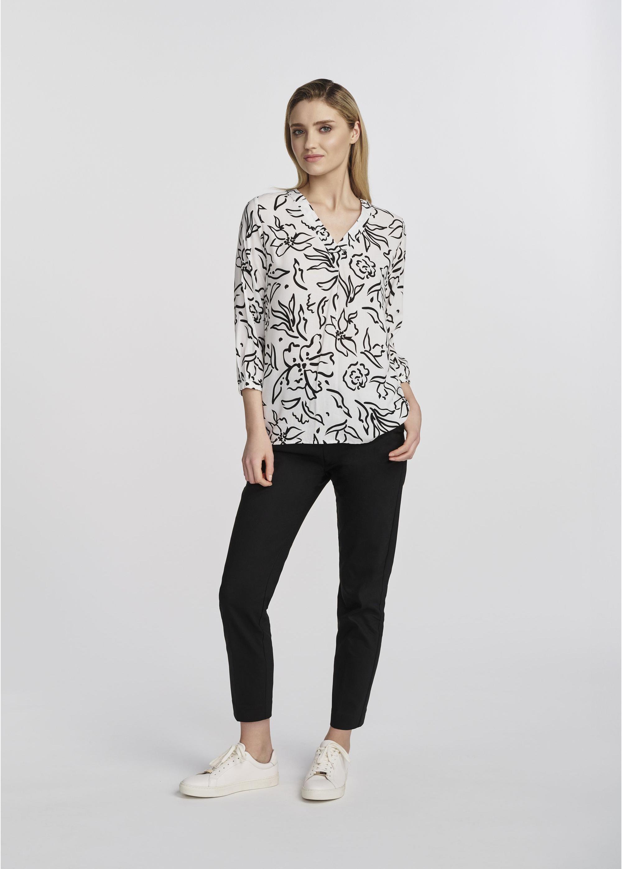 Women's white blouse with black flowers BLUDT-0172-12(W25)-02