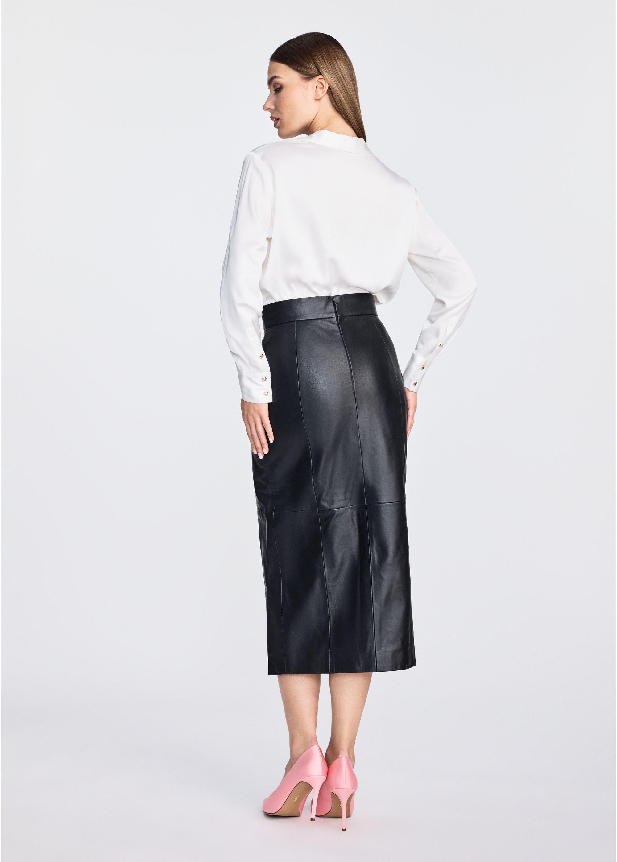 Long black leather women's skirt with slit SPCDS-0075-1273(W25)-02