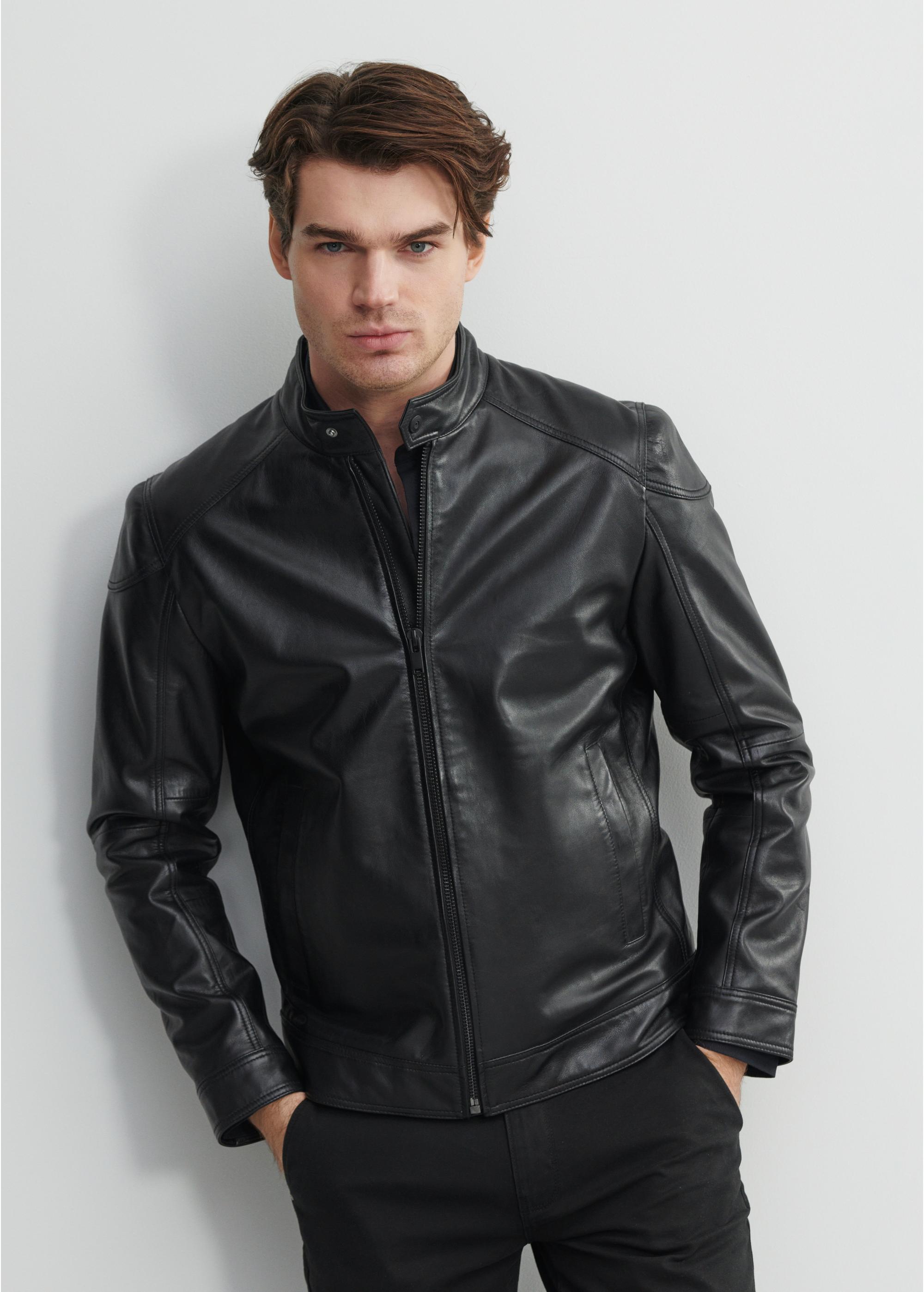 Men's leather jacket with stand-up collar KURMS-0301-1283(W23)-01