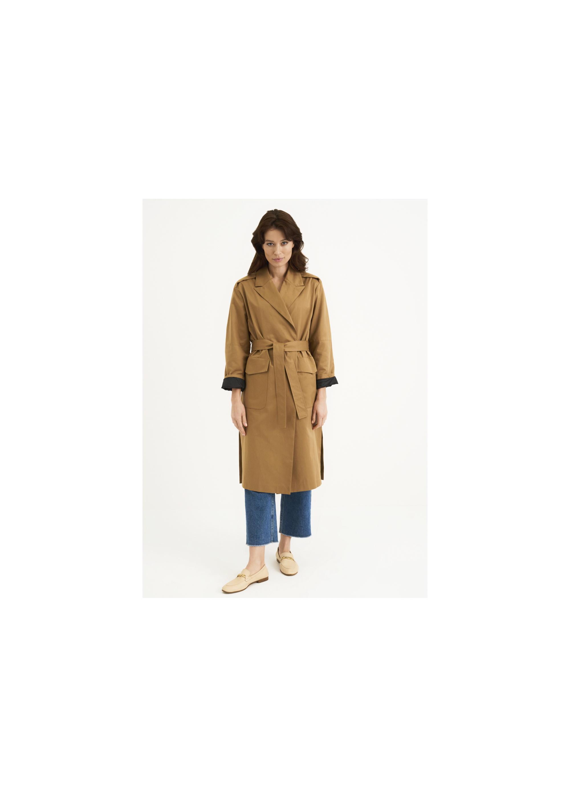 Women's honey colored coat with belt KURDT-0357-81(W22)-02