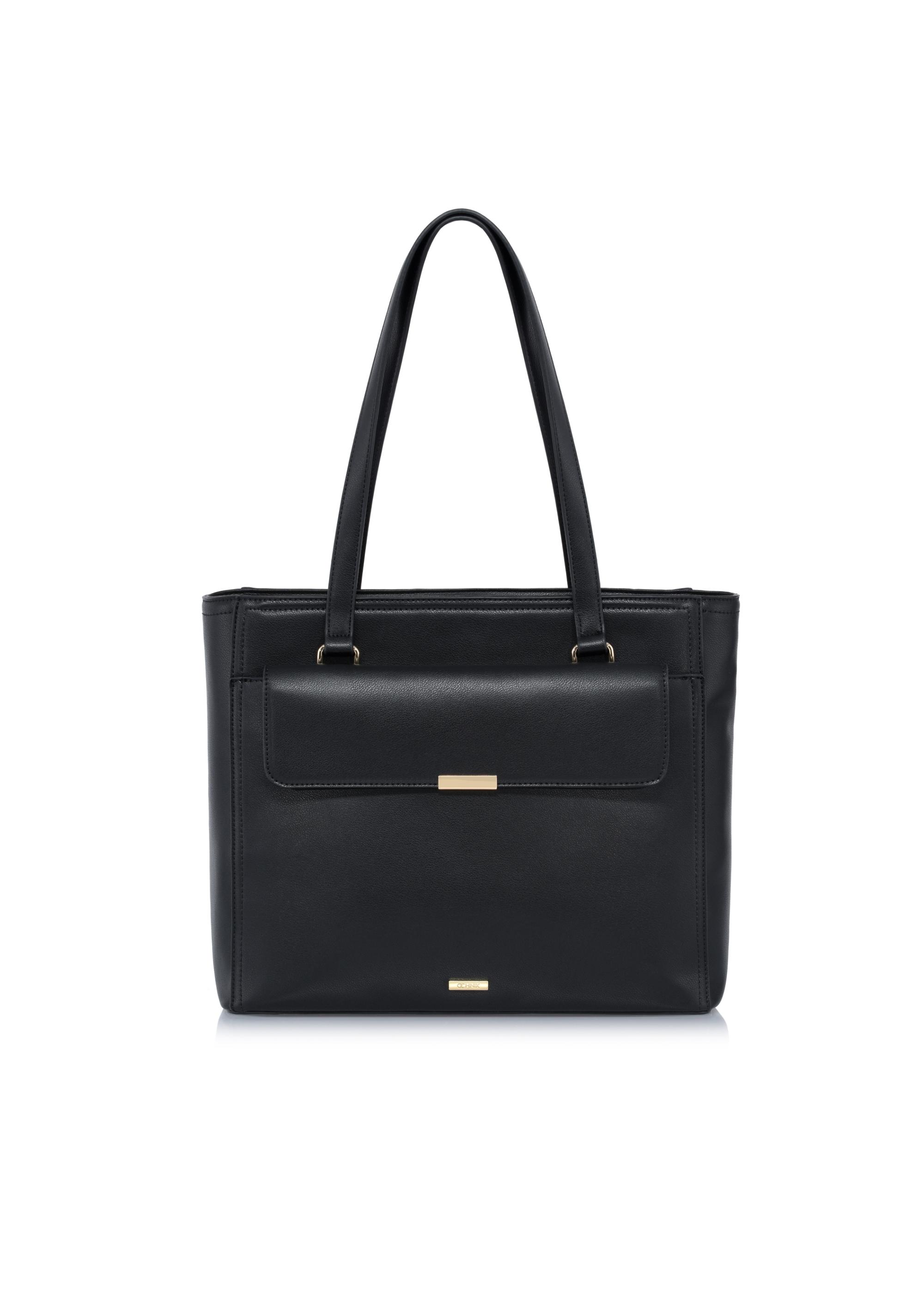 Black imitation leather shopper bag TOREC-0906-99(W24)-01