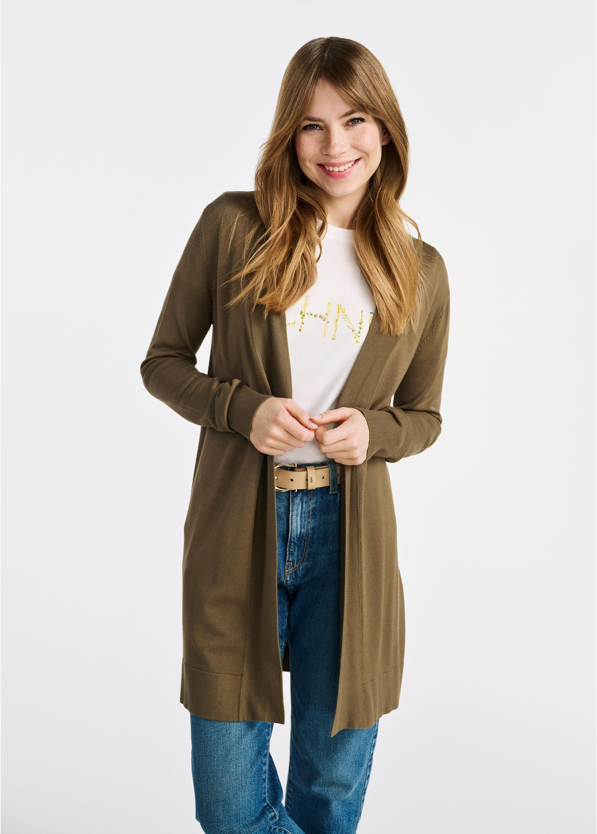 Long women's khaki cardigan KARDT-0050-55(W25)-01