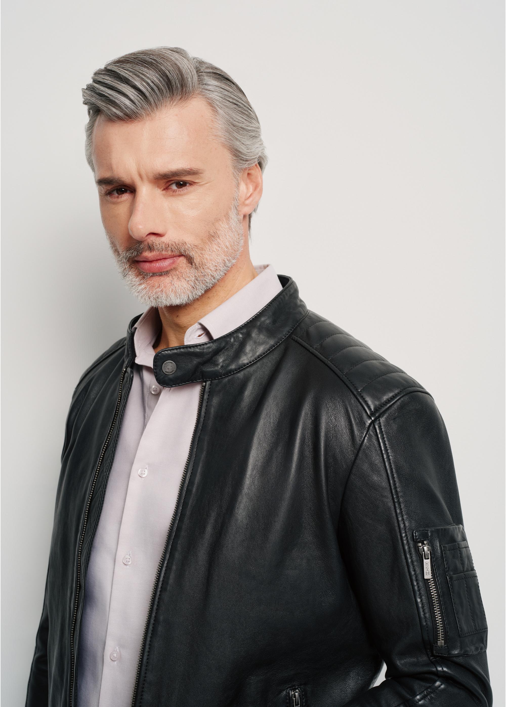 Men's black leather jacket with stand-up collar KURMS-0332-1383(W24)-04