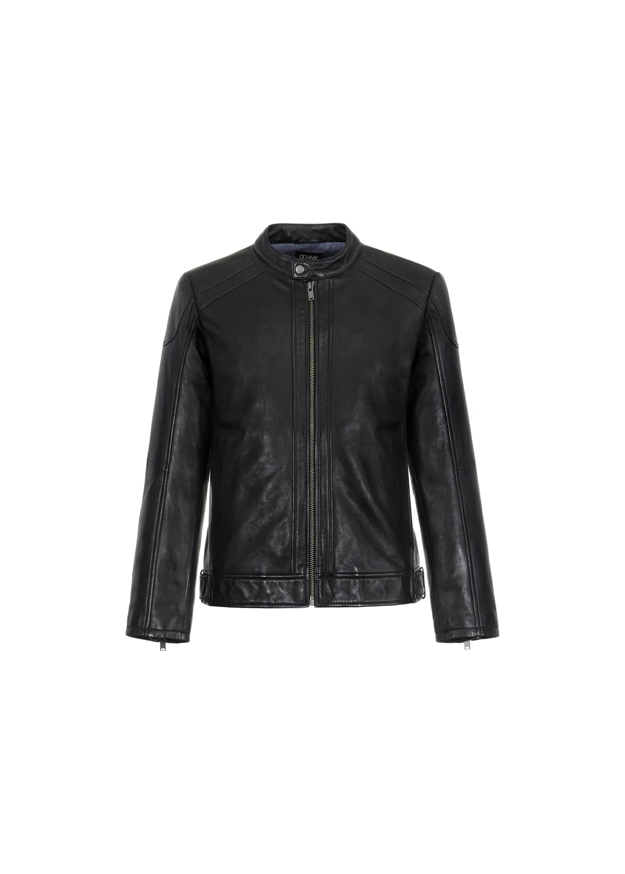 Men's black leather jacket with stand-up collar KURMS-0315-5427(Z23)-04