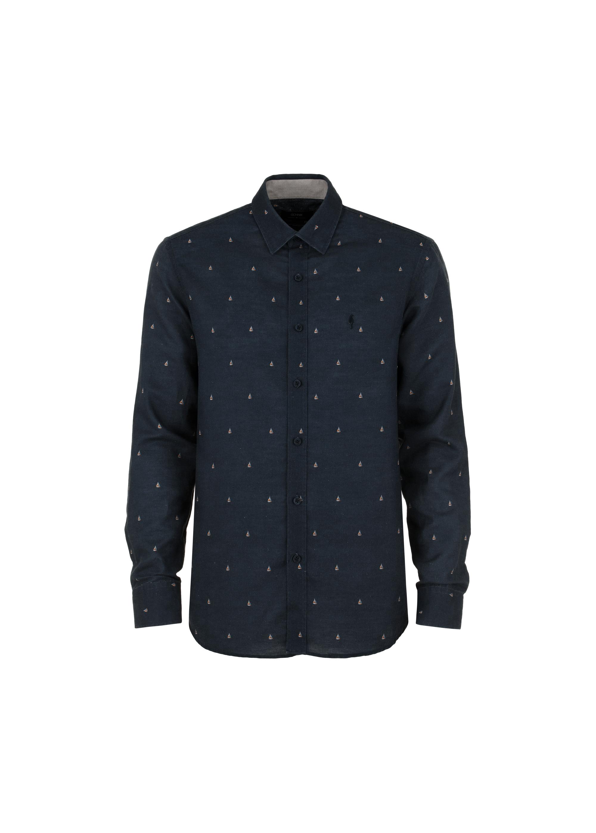 Navy blue shirt with sailboat pattern for men KOSMT-0320-69(W24)-05