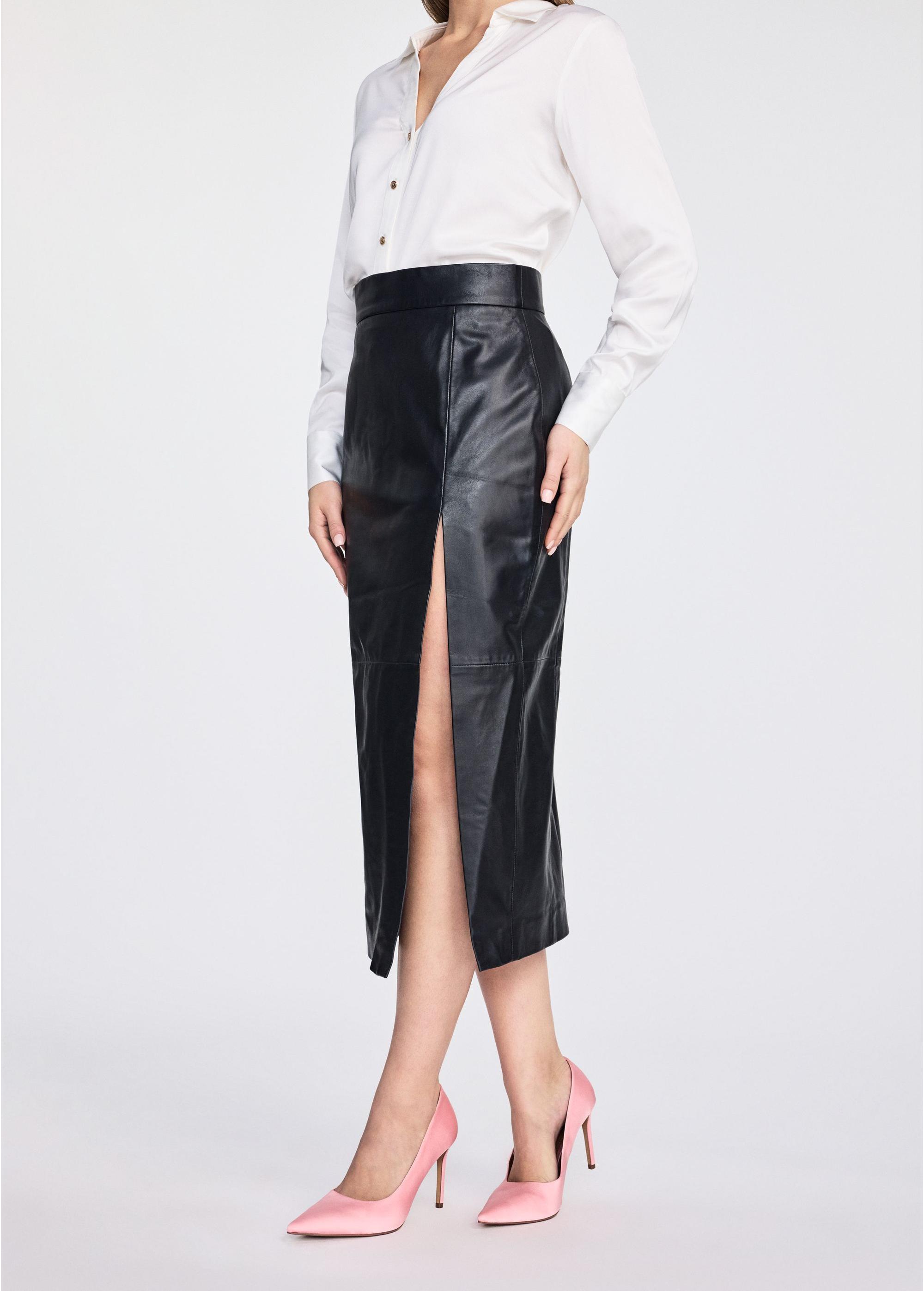 Women's long black leather skirt with slit SPCDS-0075-1273(W25)-01