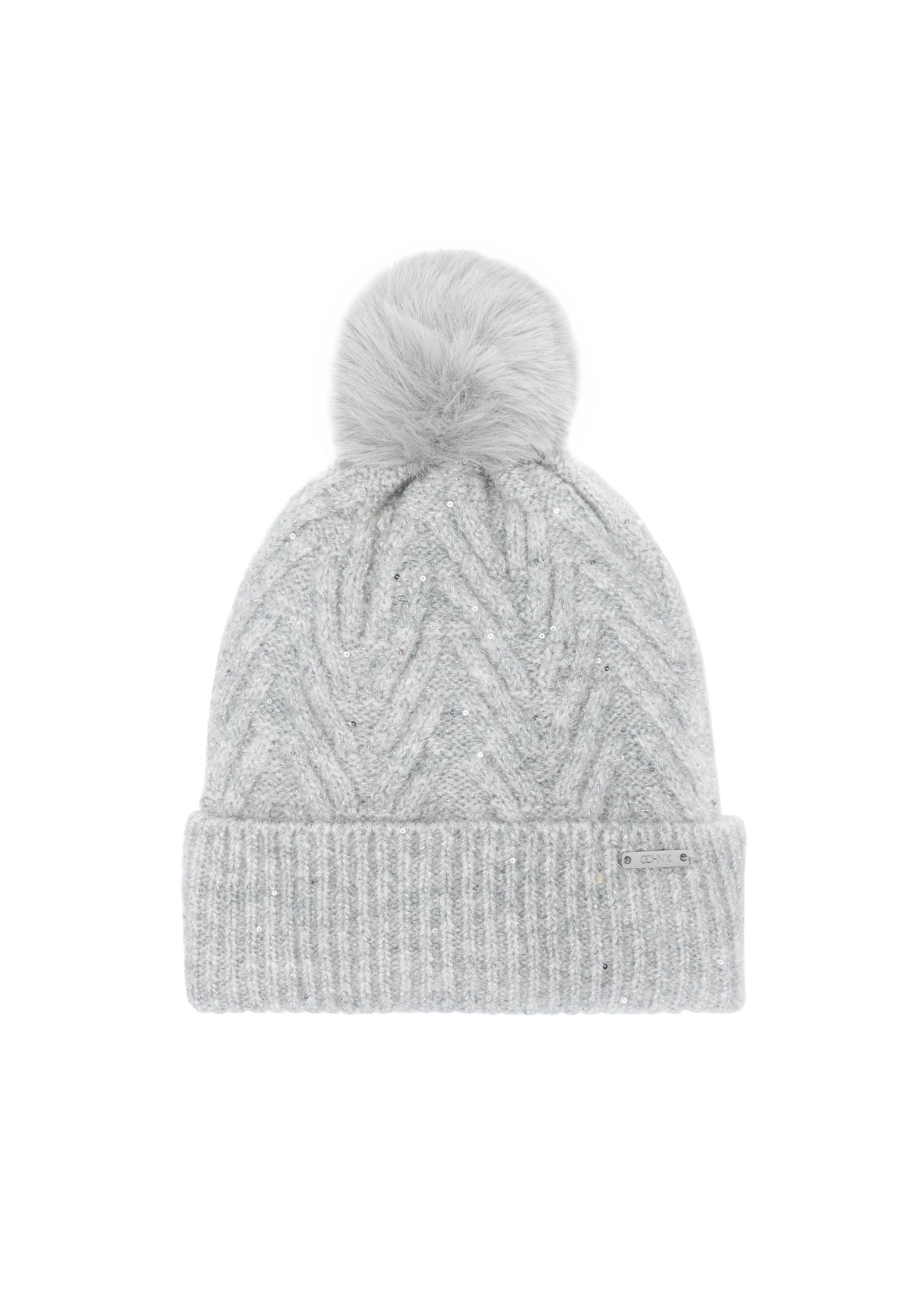 Gray women's hat with a pompom CZADT-0175-91(Z24)-04