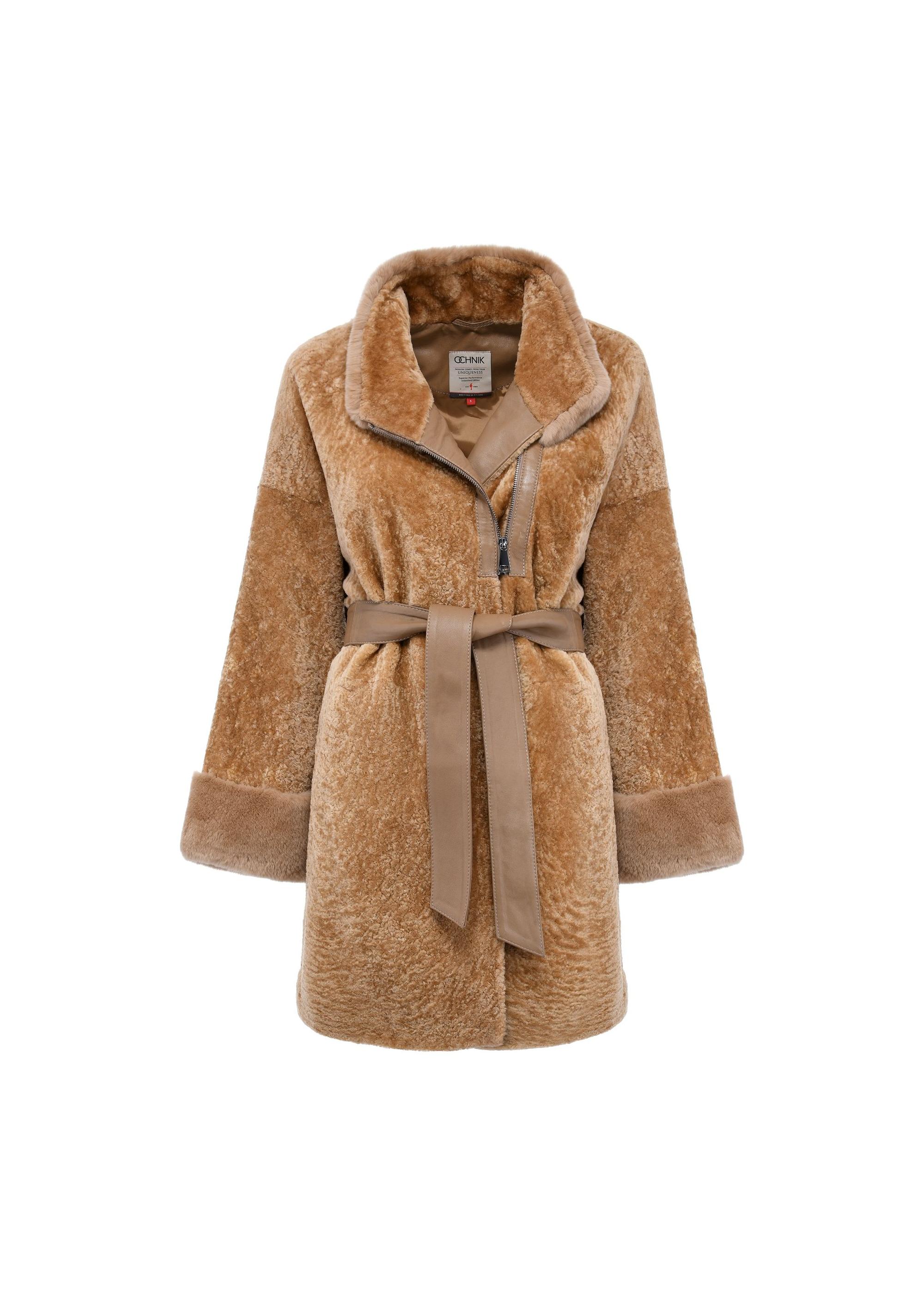 Beige women's leather sheepskin coat KOZDS-0079-3176(Z24)-01