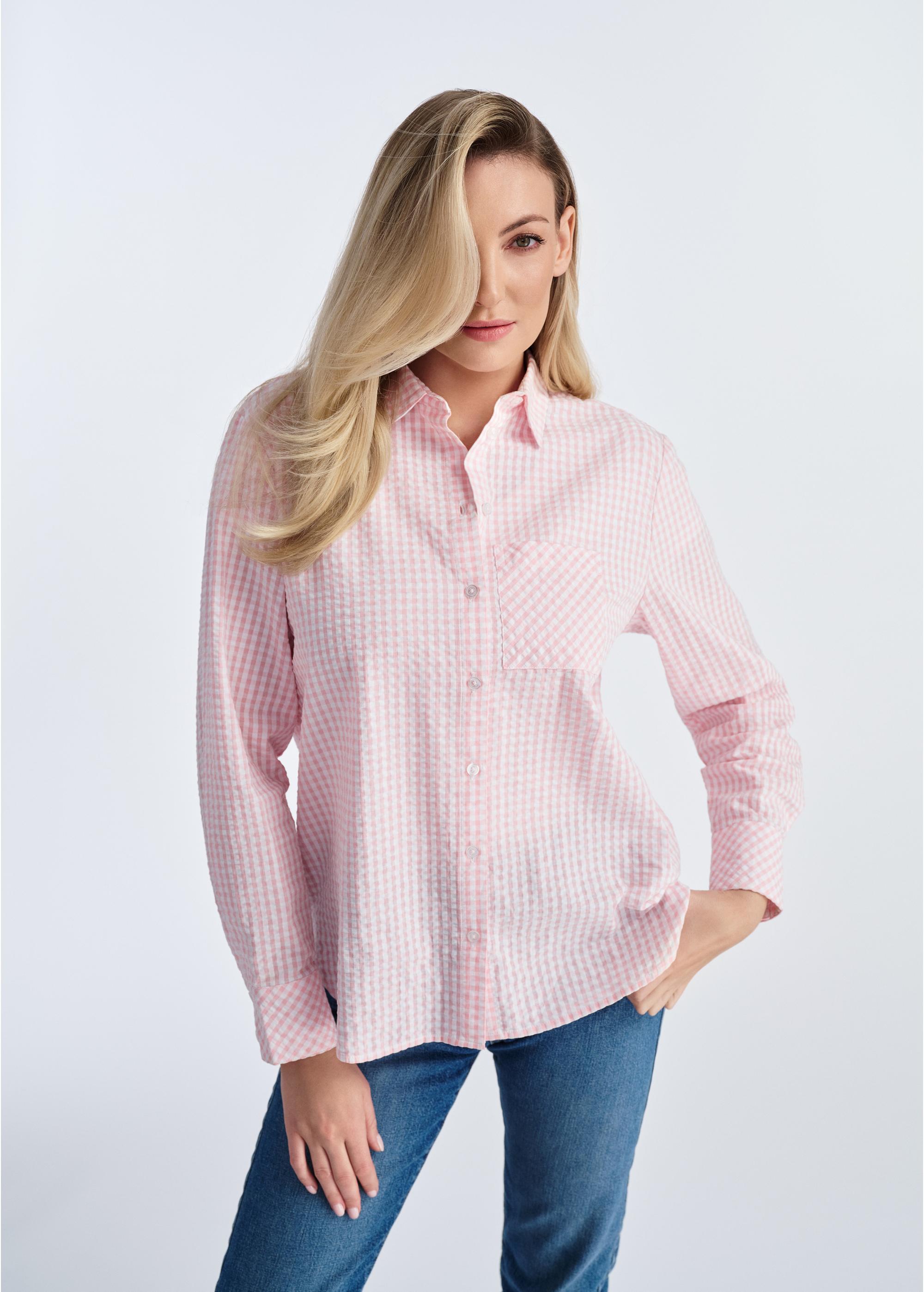 Women's cotton shirt in light pink check KOSDT-0168-34(W25)-01