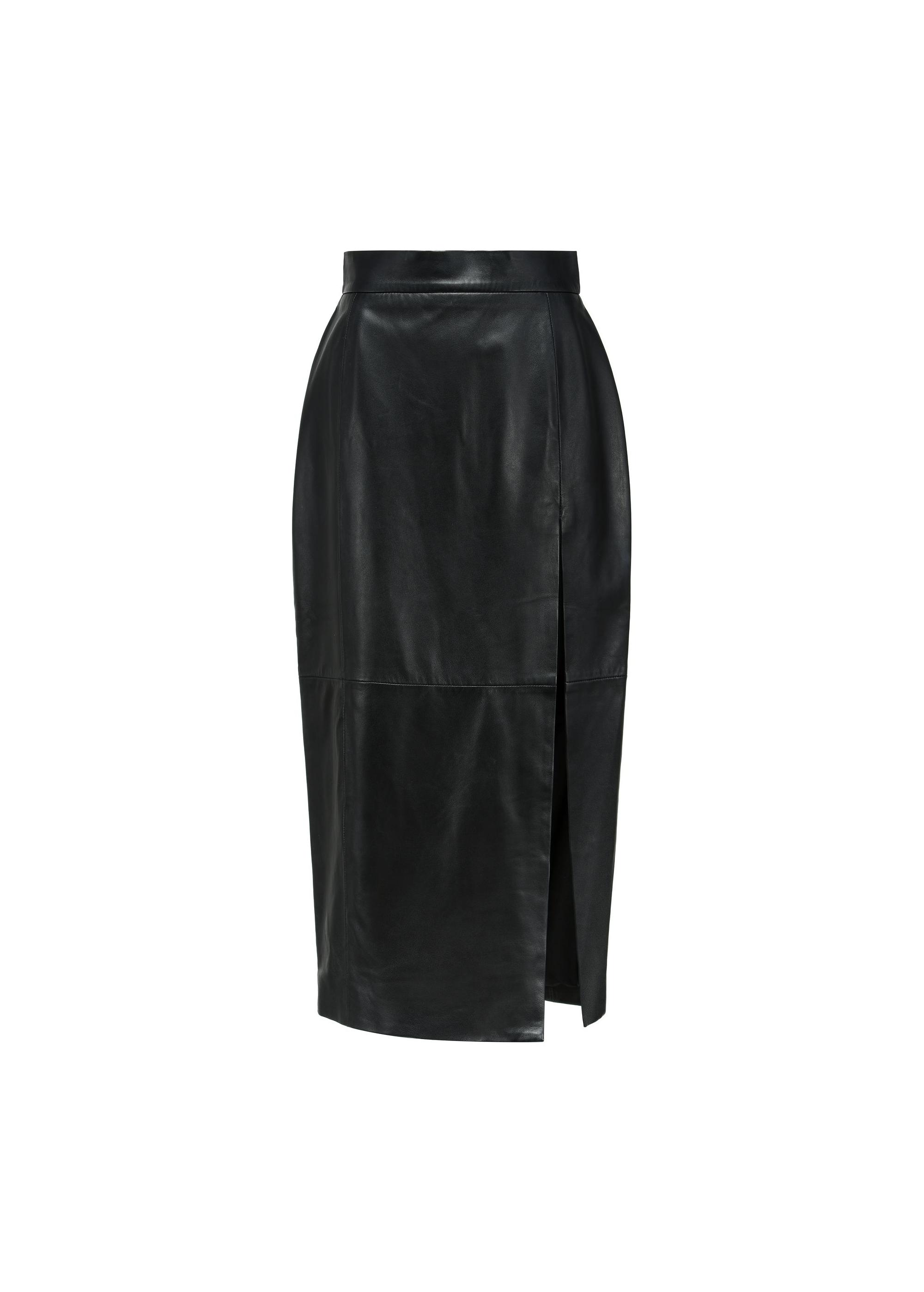 Women's long black leather skirt with slit SPCDS-0075-1273(W25)-03