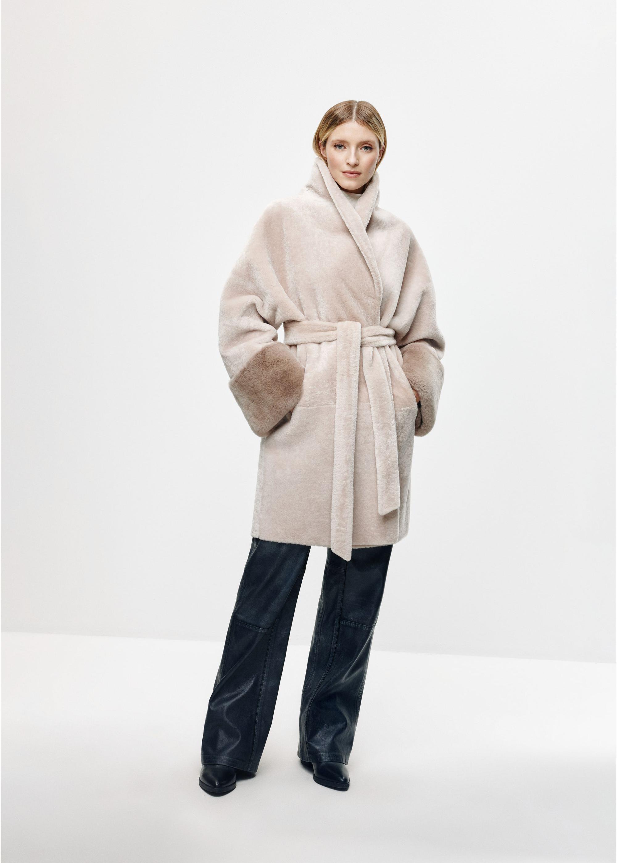 Beige leather double-sided women's sheepskin coat KOZDS-0081-5488(Z24)