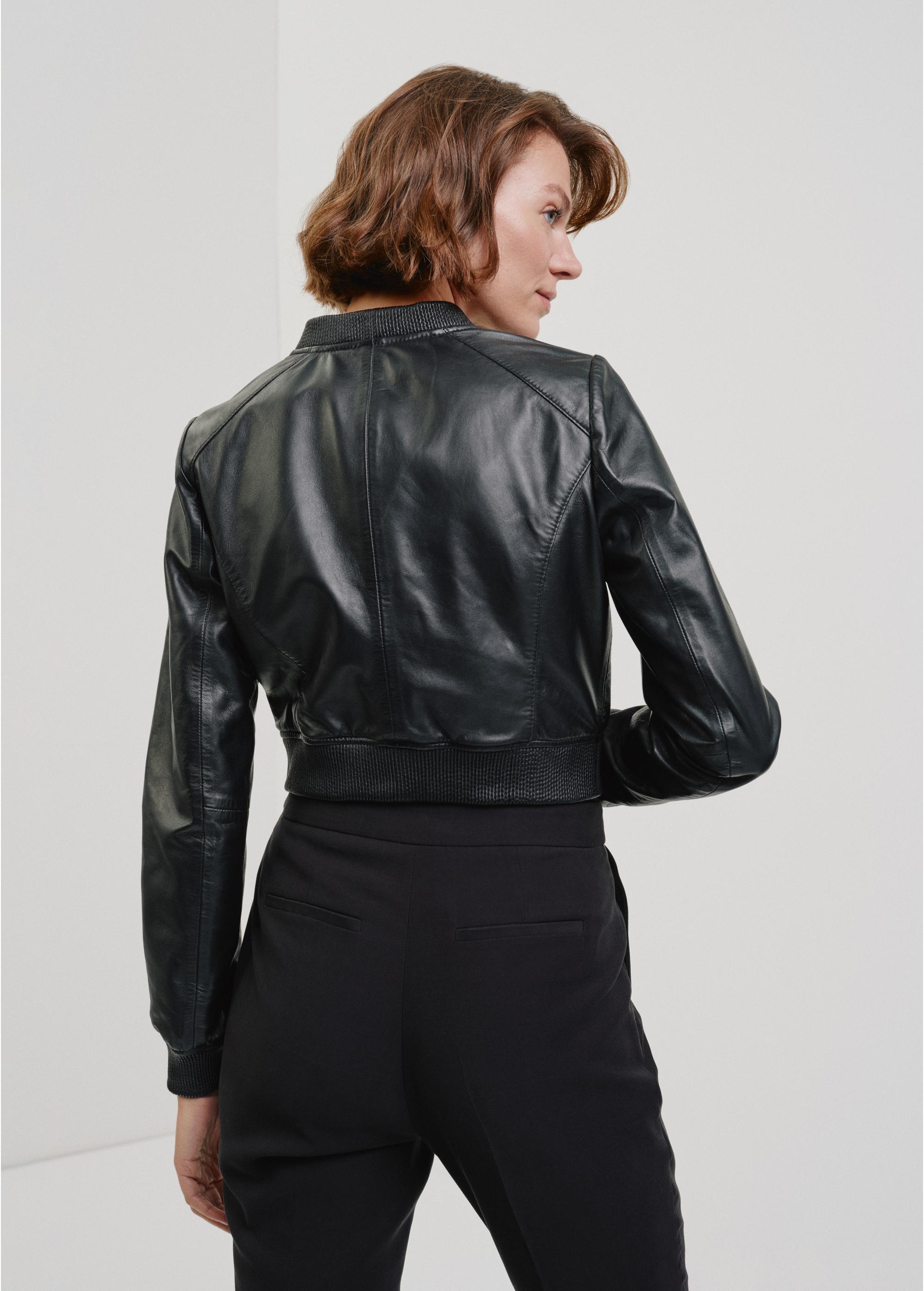 Women's short black leather jacket KURDS-0265-1344(W24)-02