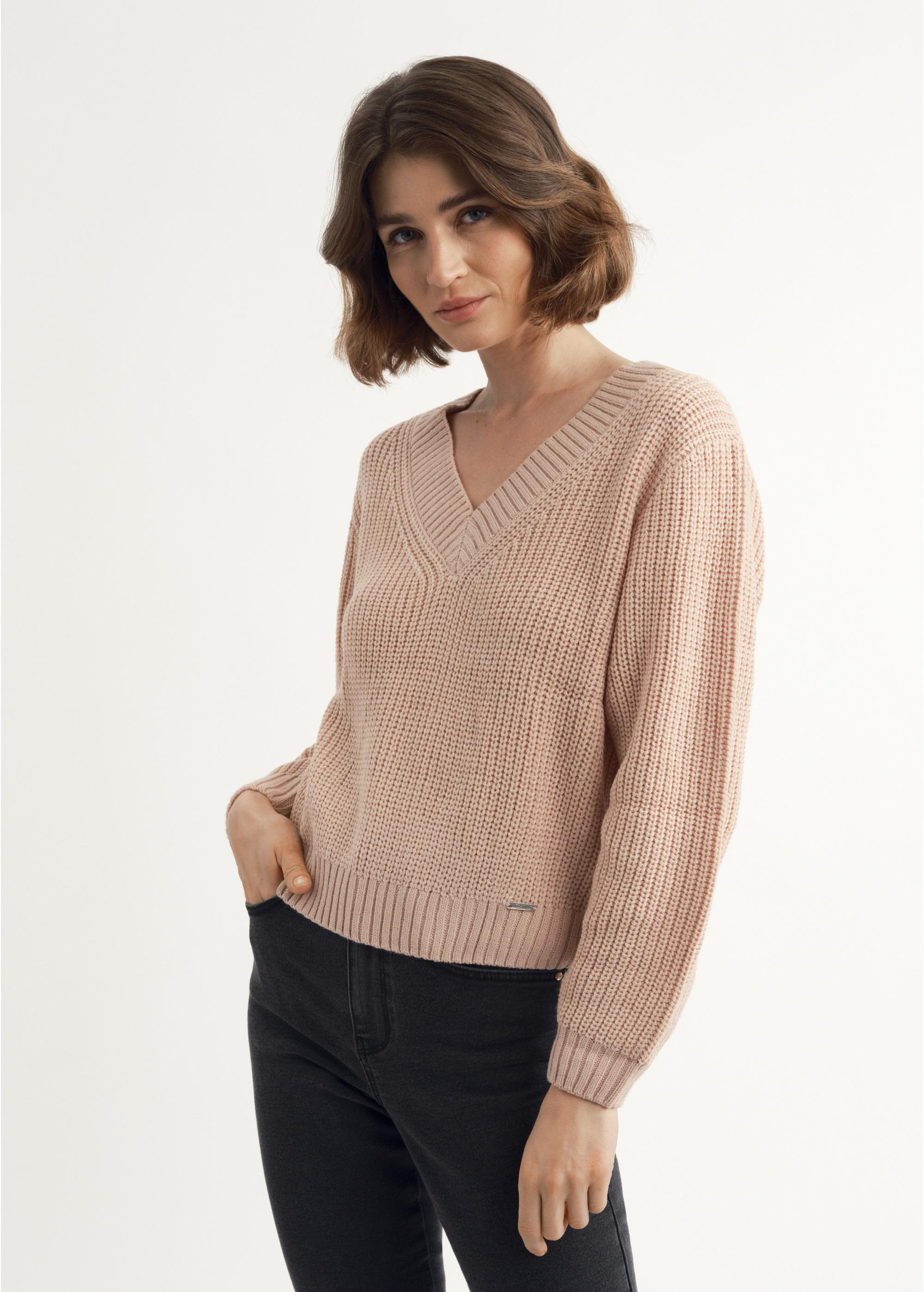 Light pink women's V neck sweater SWEDT-0162-33(Z23)-01